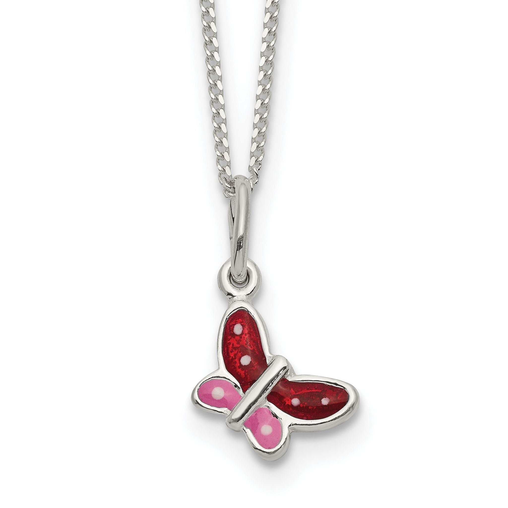 Sterling Silver Polished Pink, Red and White Enameled Butterfly Children's Necklace Main image