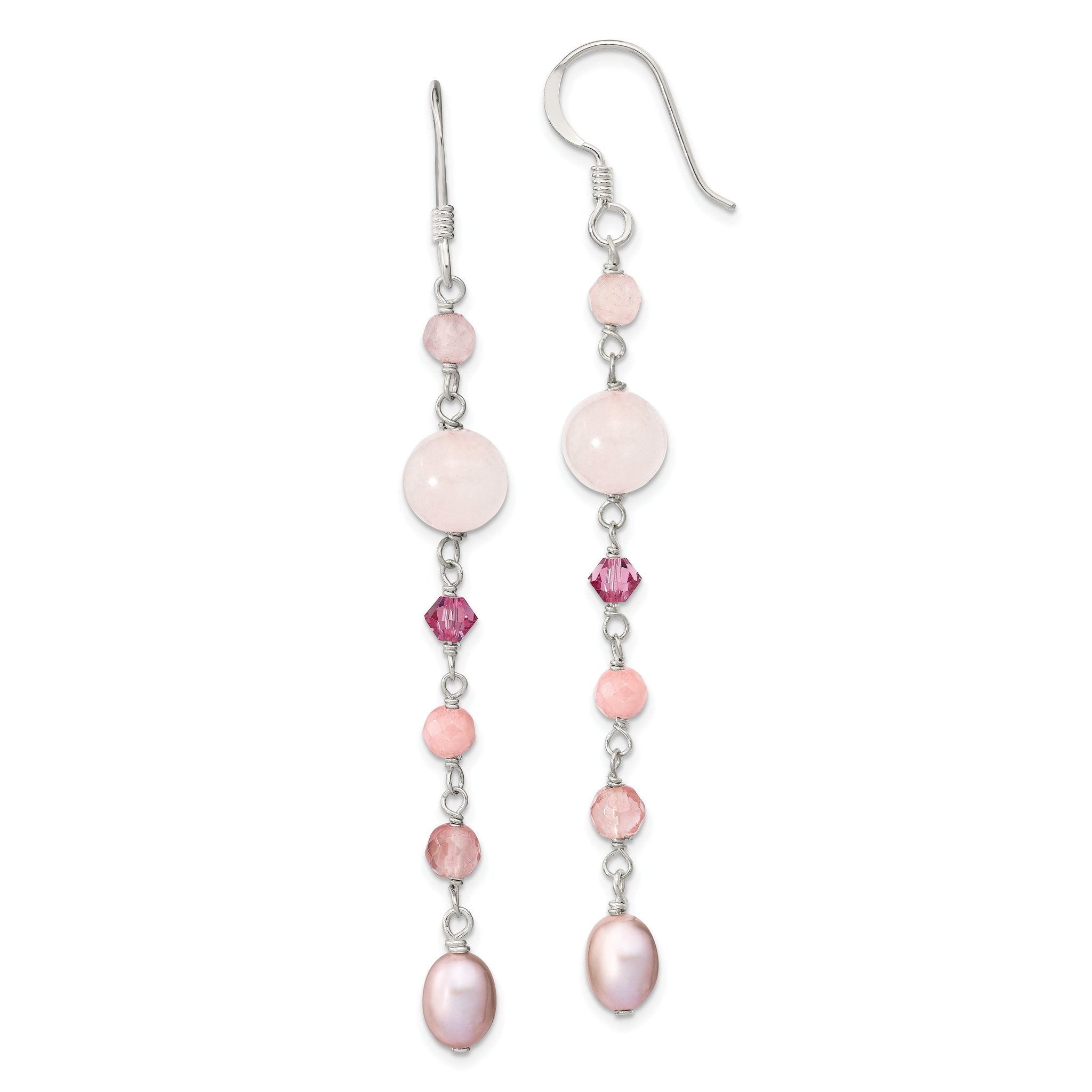 Sterling Silver Polished Pink FWC Pearl, Pink Jade, Rosaline, Cherry & Rose Quartz Dangle Earrings Main image