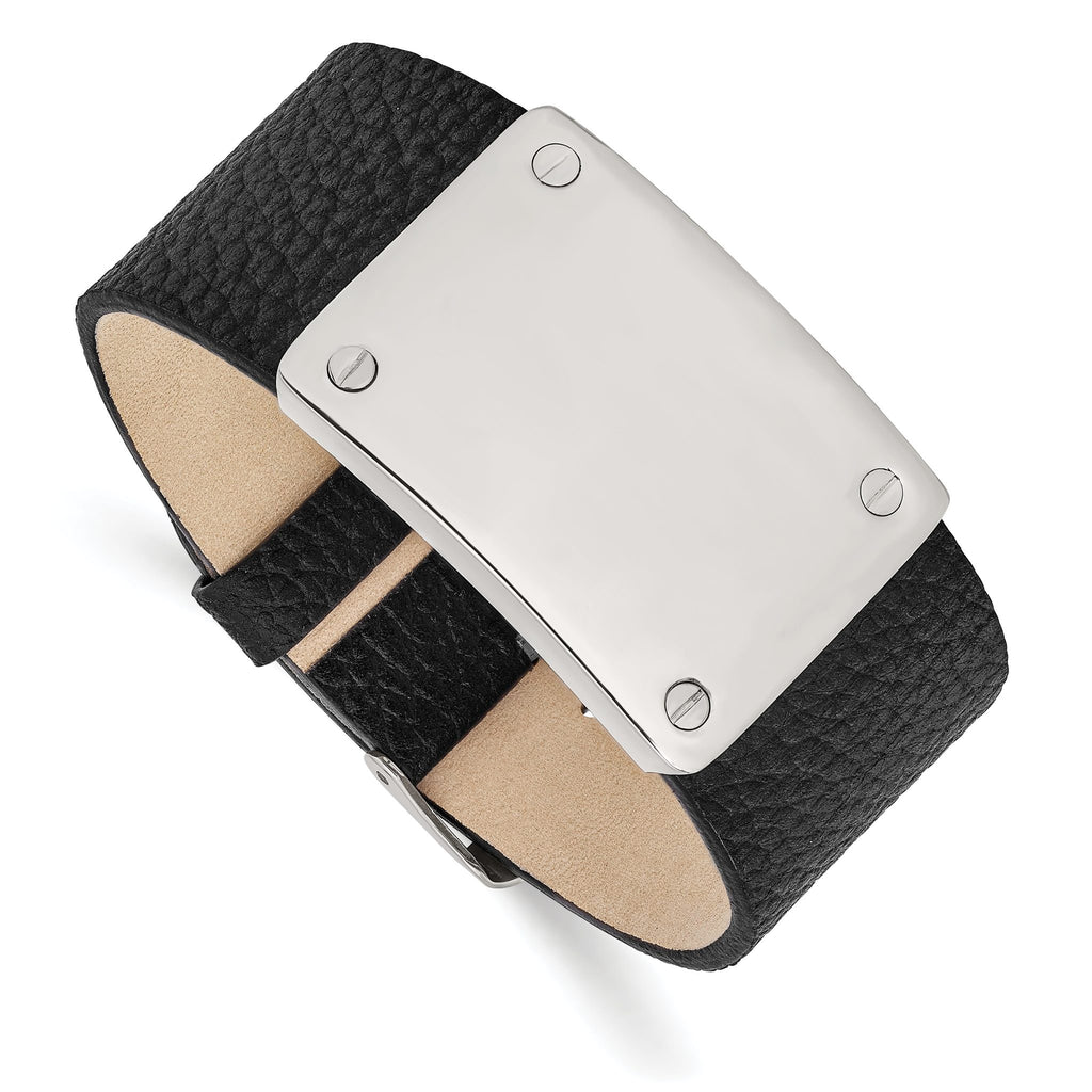 Stainless Steel Polished Black Leather Adjustable ID Bracelet for Men