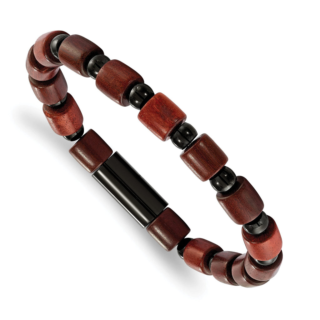 Stainless Steel Polished Black IP-plated Beads and Wood Beaded Stretch Bracelet for Men