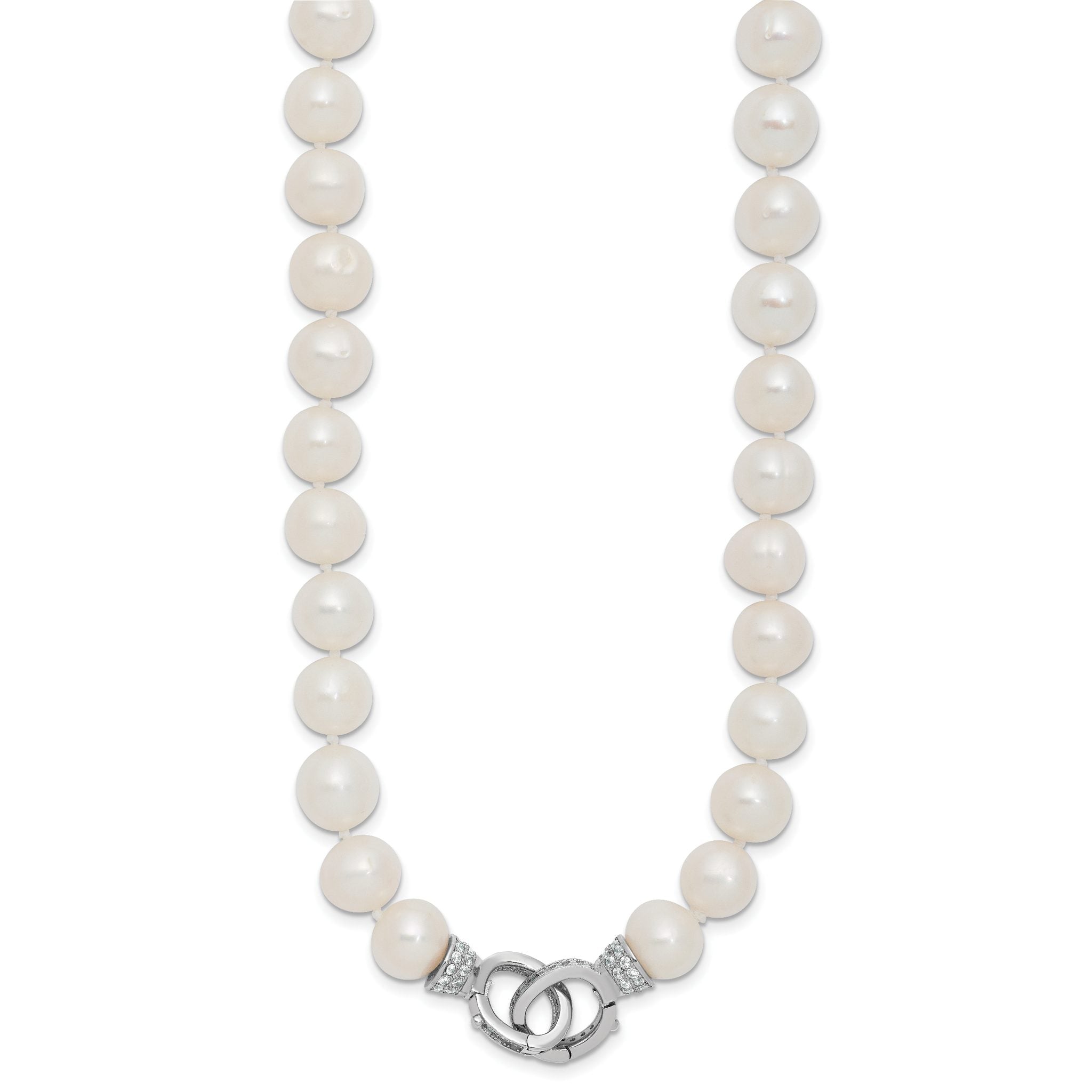 Sterling Silver Rhodium-plated 9-10mm White Near-Round Freshwater Cultured Pearl and CZ Clasp Adjustable 18 inch Necklace Secondary image