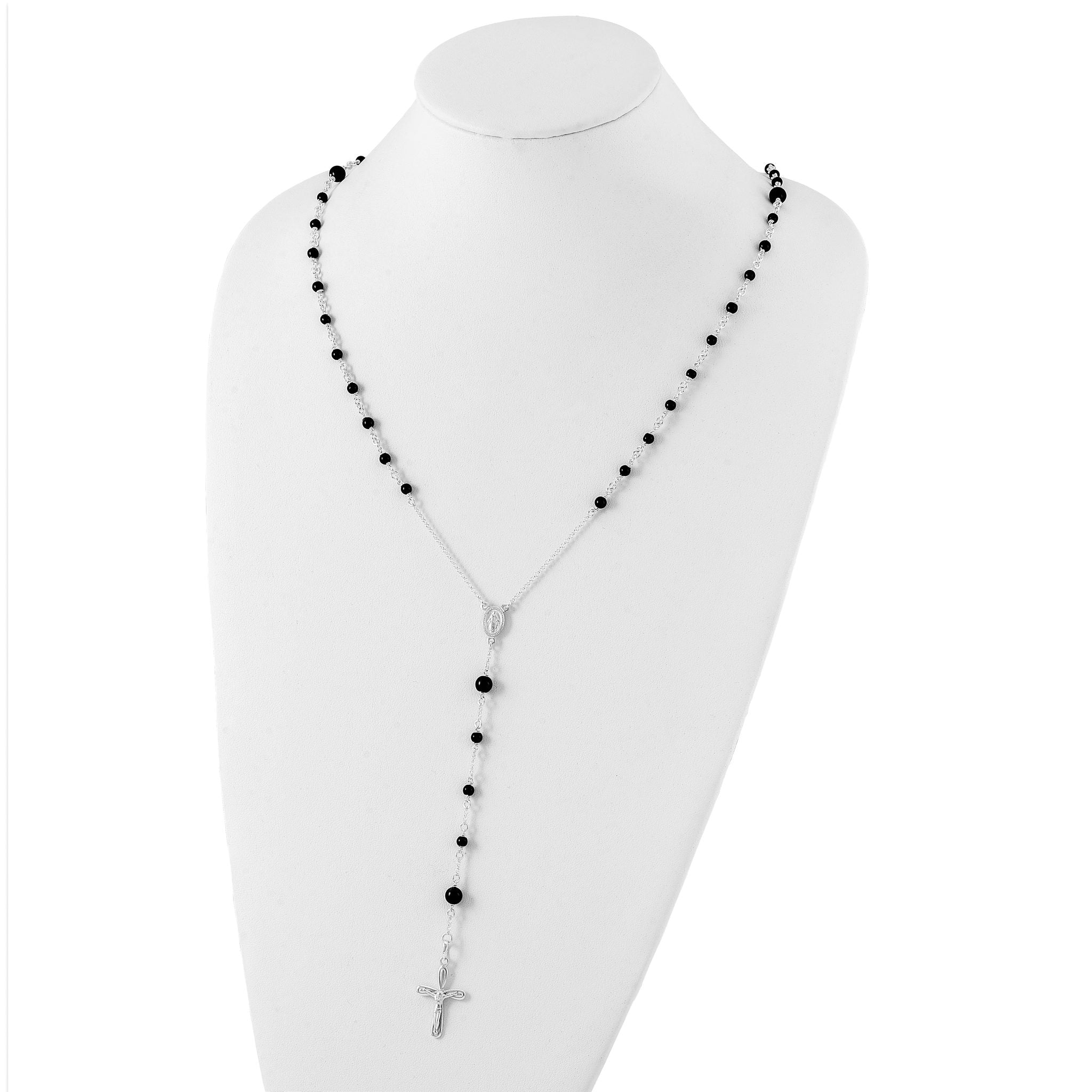 Women's Sterling Silver 925 Polished Black Onyx Rosary Necklace