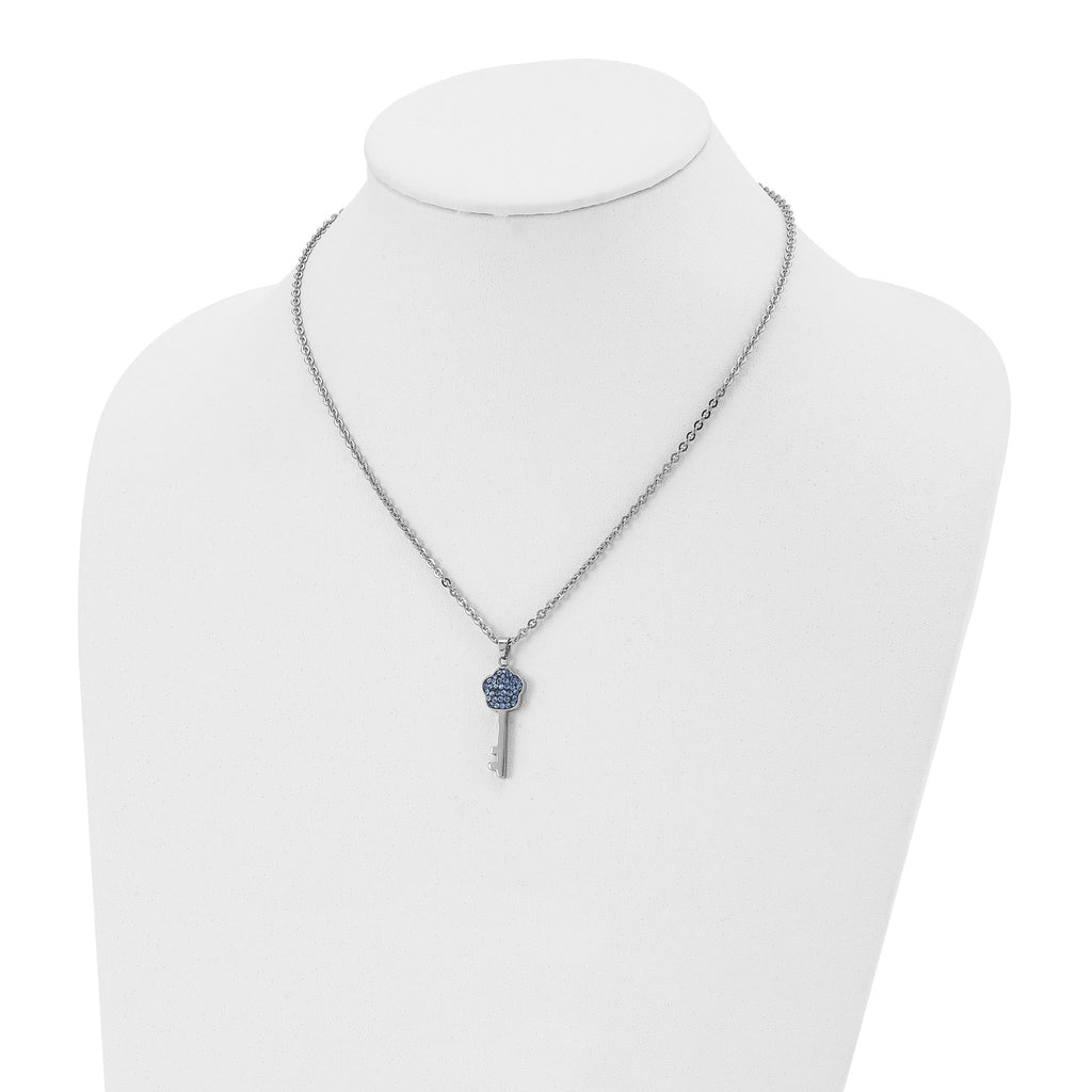 Stainless Steel Polished Blue Crystal Flower Key18 inch Necklace