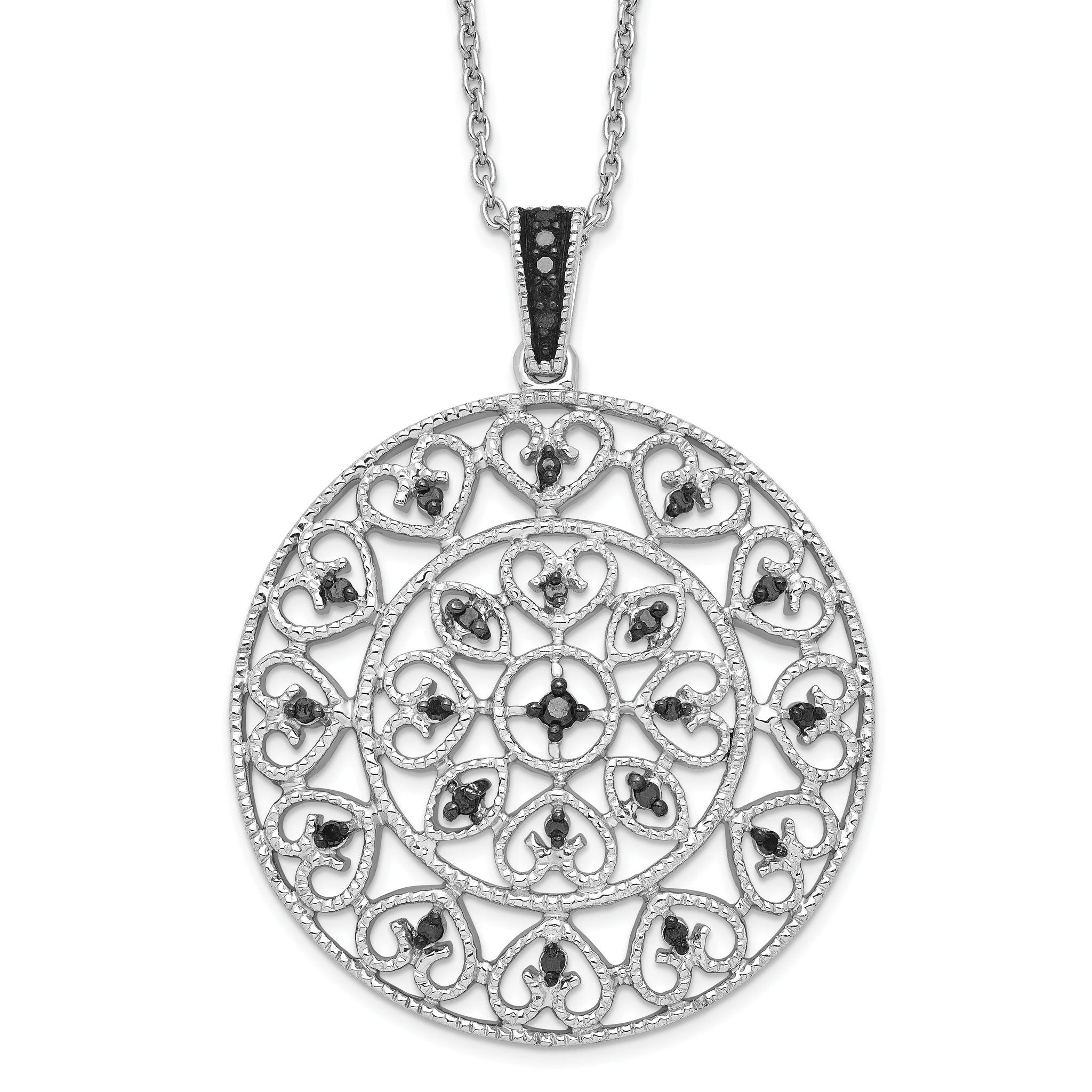 White Night Sterling Silver Rhodium-plated Black Diamond Circle Pendant 18 Inch Necklace with 2 Inch Extender Main image