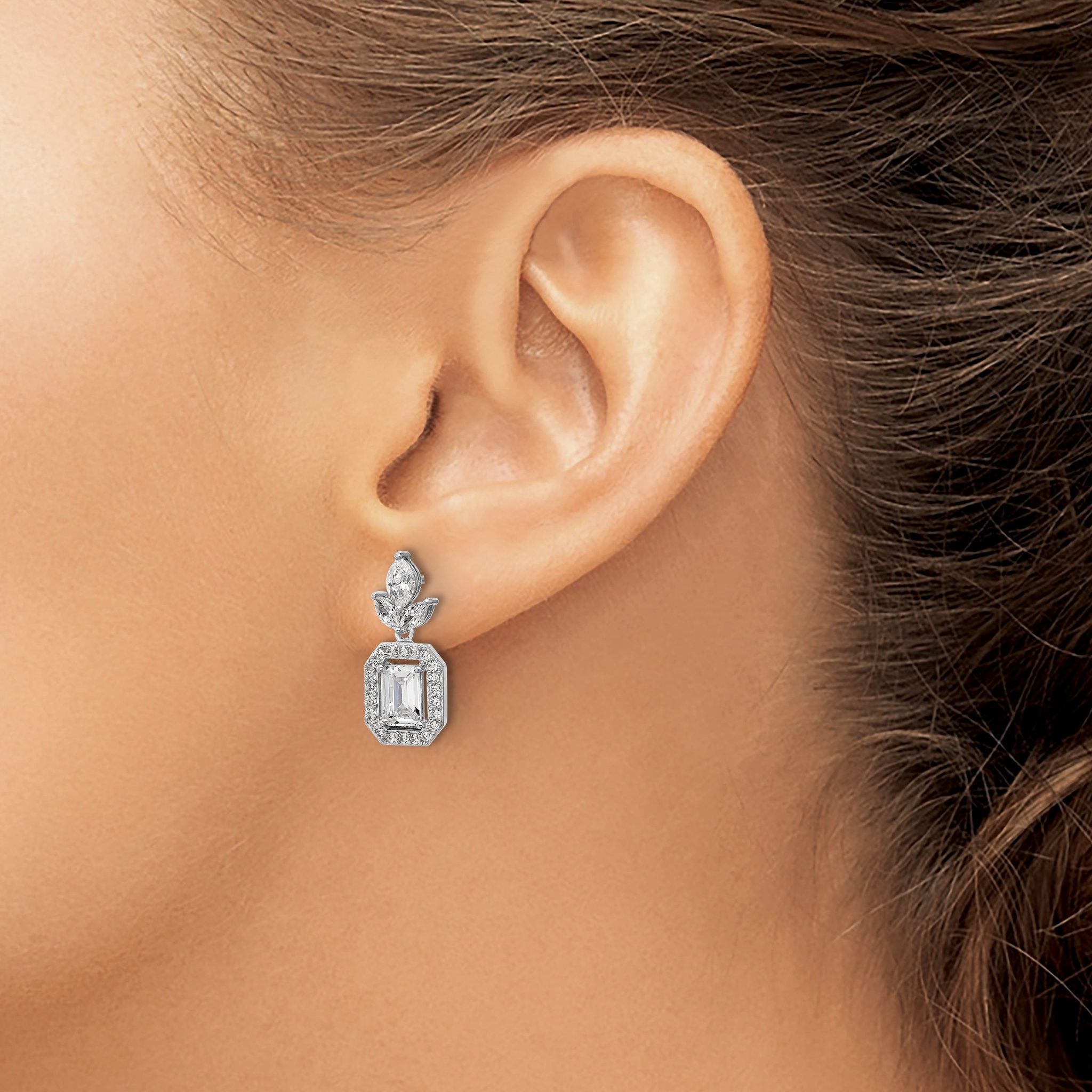 Cheryl M Sterling Silver Rhodium-plated Polished Fancy Emerald-cut CZ Halo Post Dangle Earrings