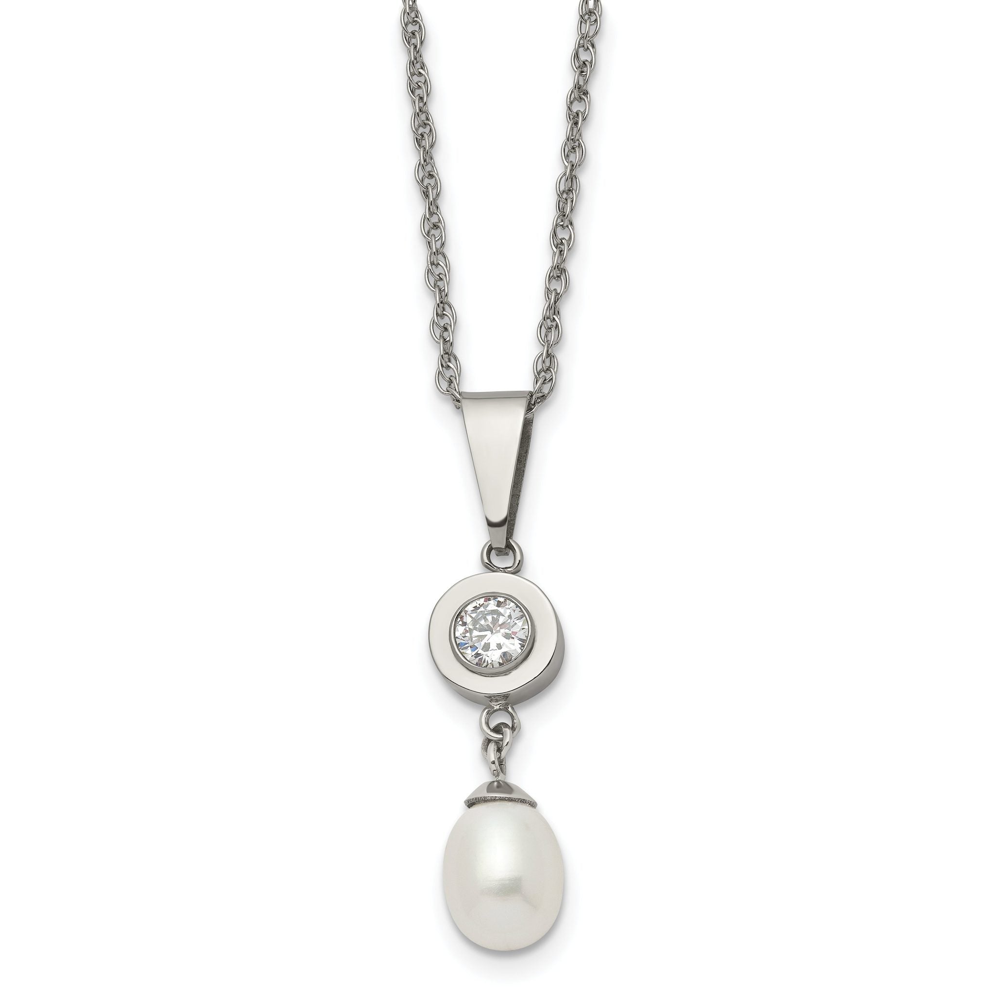 Chisel Titanium Polished with CZ and Freshwater Cultured Pearl 22 inch Necklace Main image