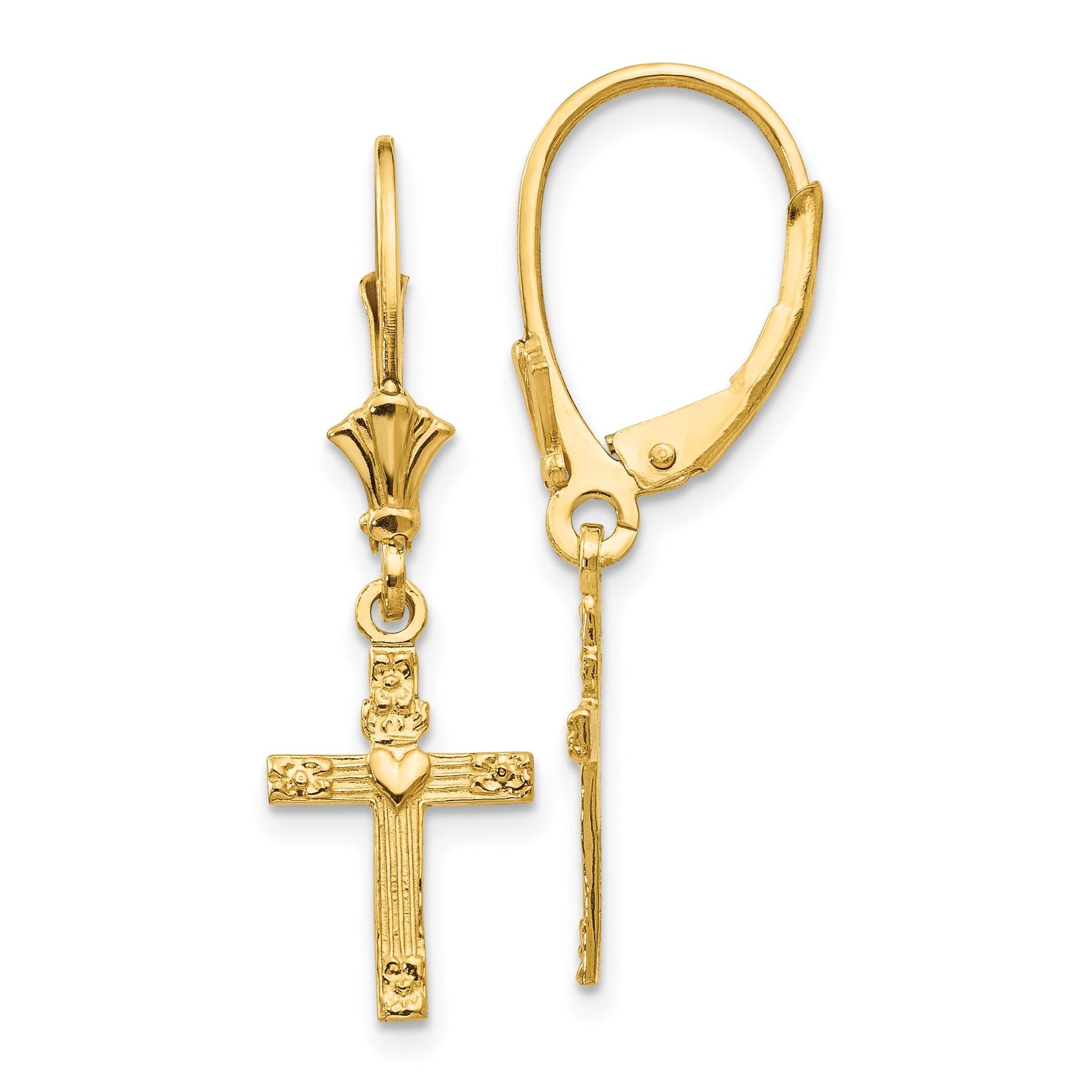 14K Gold Mini Cross with Heart Leverback Earrings Polished, Elegant Dangle Design Main image