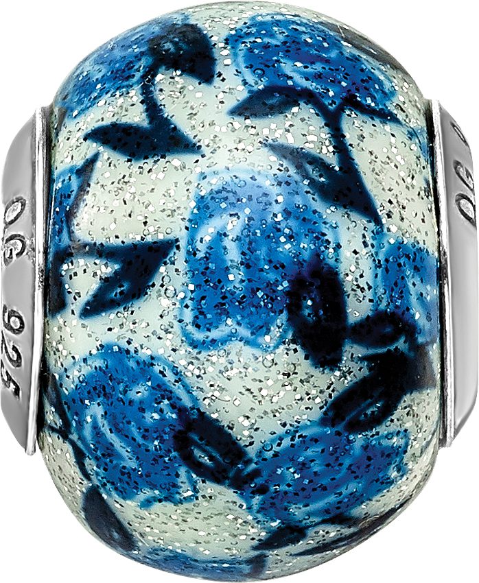 Sterling Silver 925 Blue Rose Glitter Glass Bead with Antique Finish