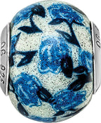 Sterling Silver 925 Blue Rose Glitter Glass Bead with Antique Finish