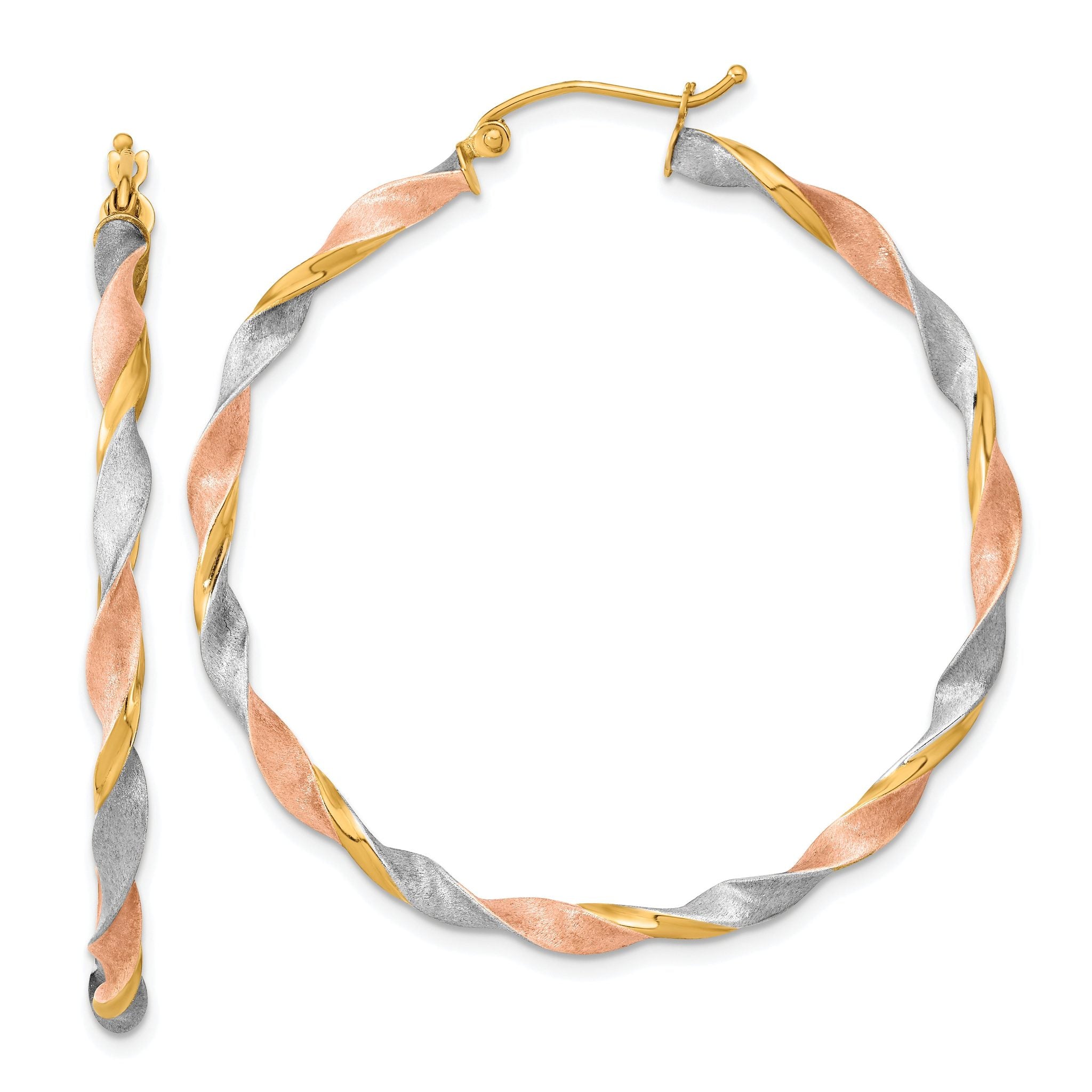 14k White & Rose Rhodium Satin Twisted Hoop Earrings Main image