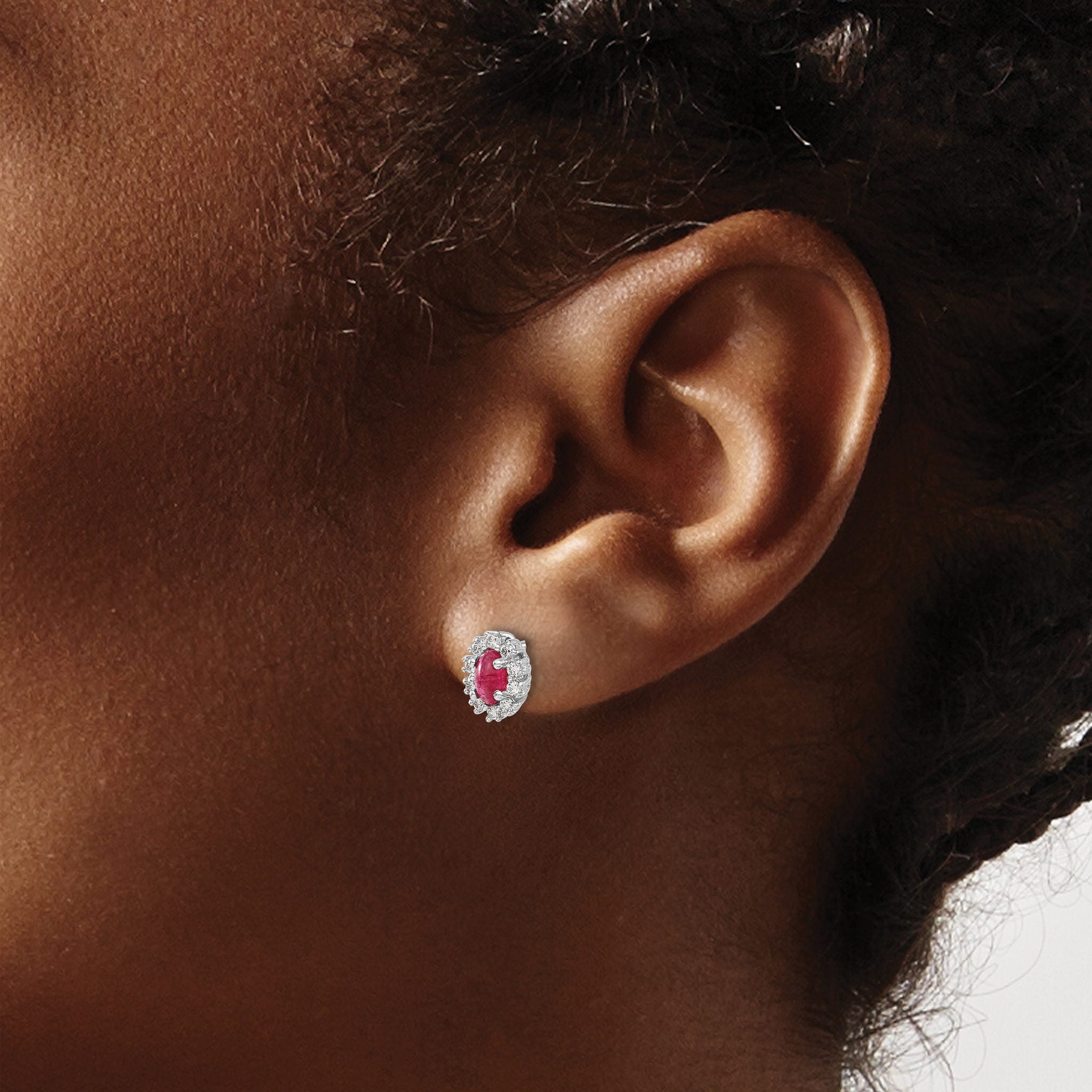 14k White Gold 1/5 carat Lab Grown Diamond VS/SI+ G+ and Oval Created Ruby Complete Halo Post Earrings
