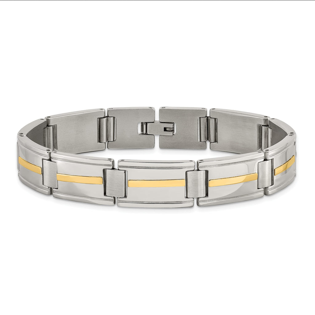 Stainless Steel with 14k Gold Accent Brushed and Polished Link Bracelet for Men