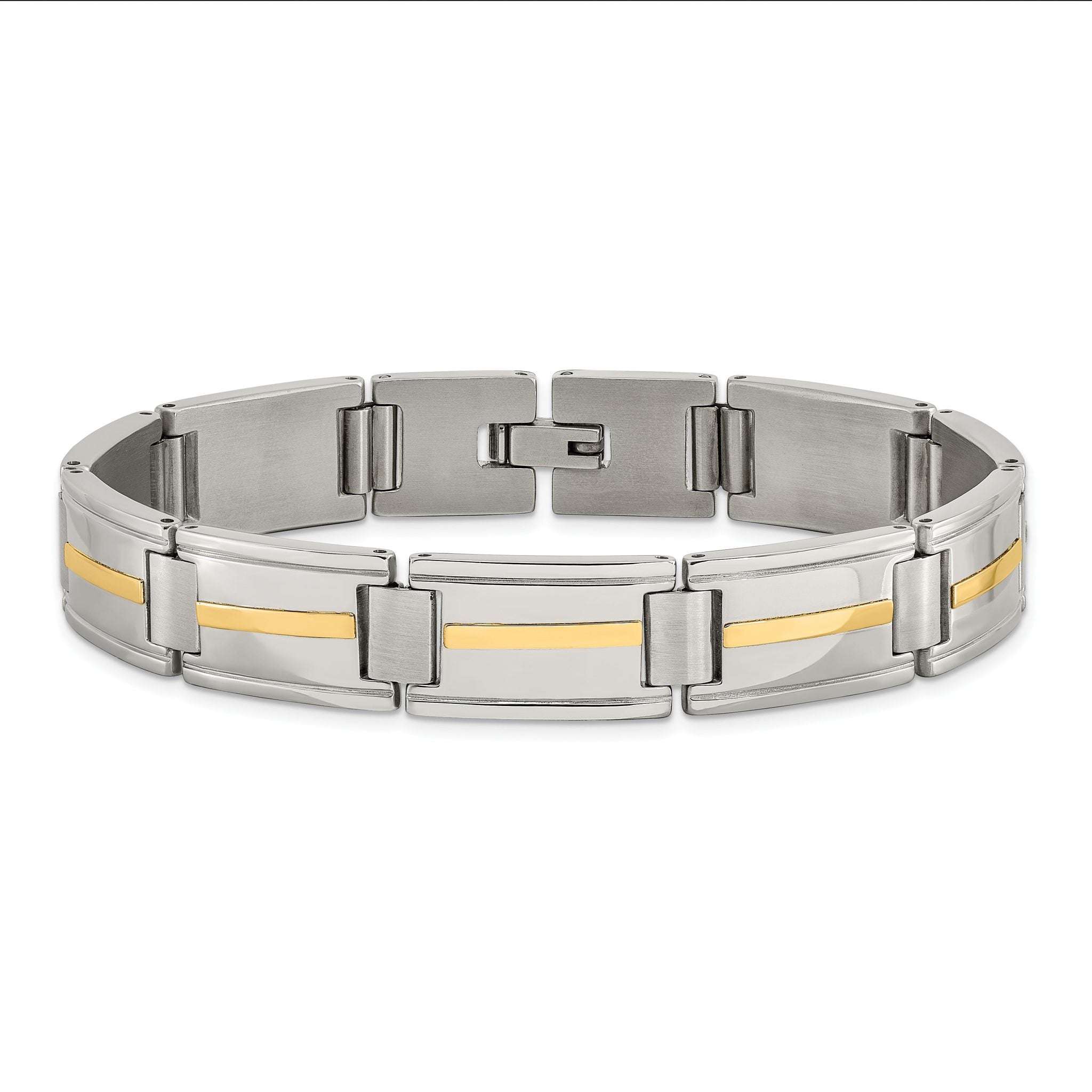 Stainless Steel with 14k Gold Accent Brushed and Polished Link Bracelet for Men