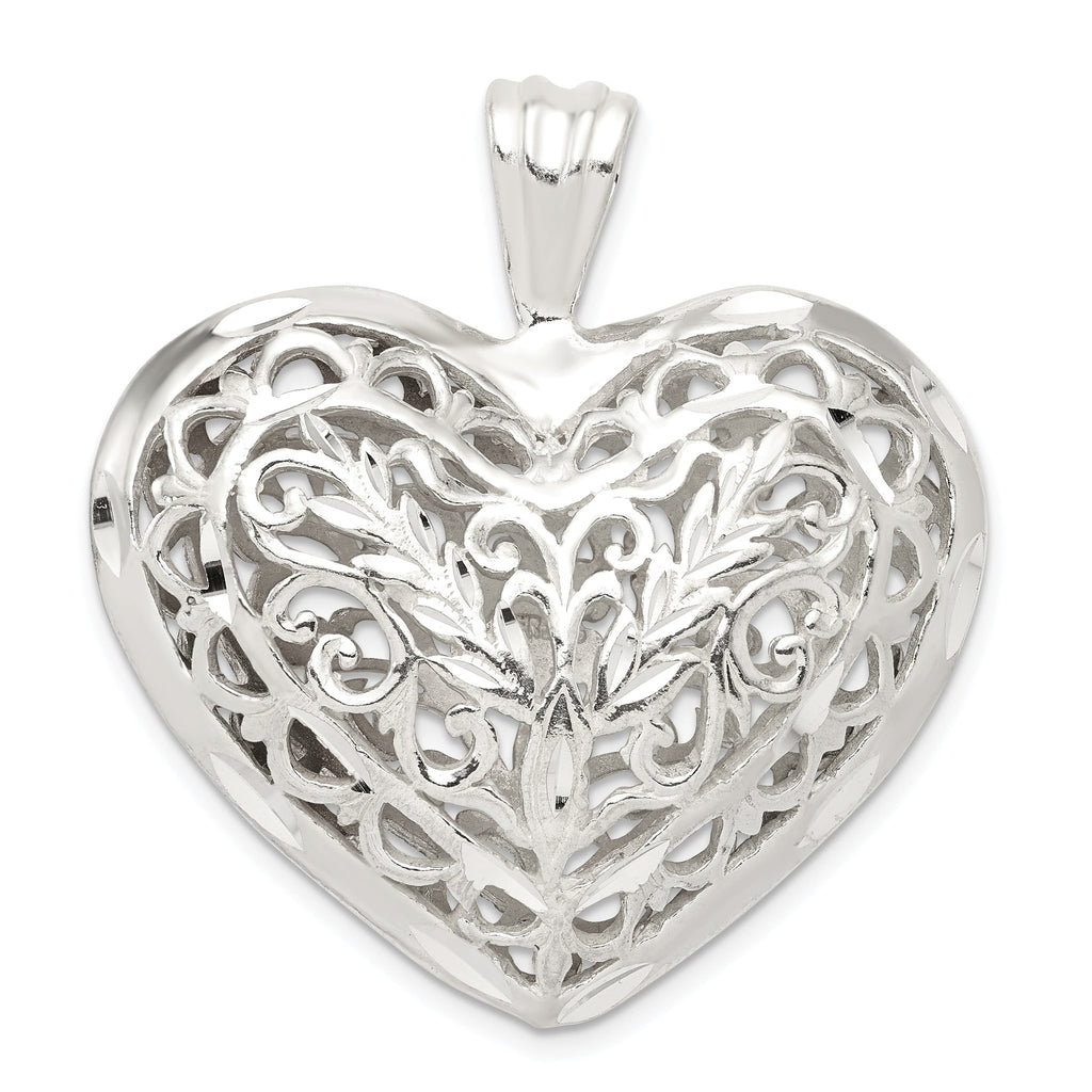 Sterling Silver 925 Polished Puffed Heart Pendant with Filigree Design