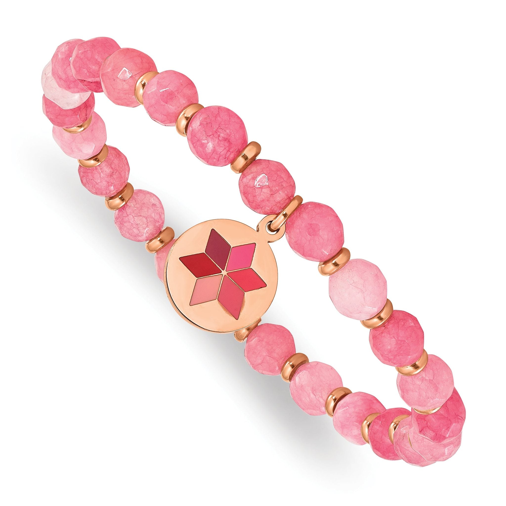 Chisel Stainless Steel Polished Rose IP-plated Enameled Flower Charm 6mm Pink Agate Beaded Stretch Bracelet Main image