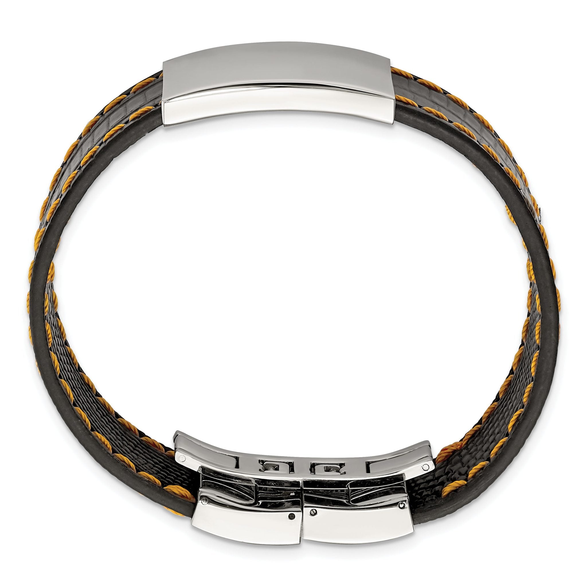 Stainless Steel Polished Black Leather/Orange Stitch ID Bracelet for Men Secondary image