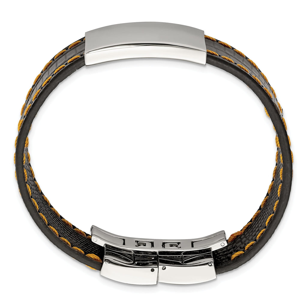 Stainless Steel Polished Black Leather/Orange Stitch ID Bracelet for Men