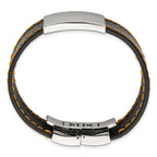 Stainless Steel Polished Black Leather/Orange Stitch ID Bracelet for Men