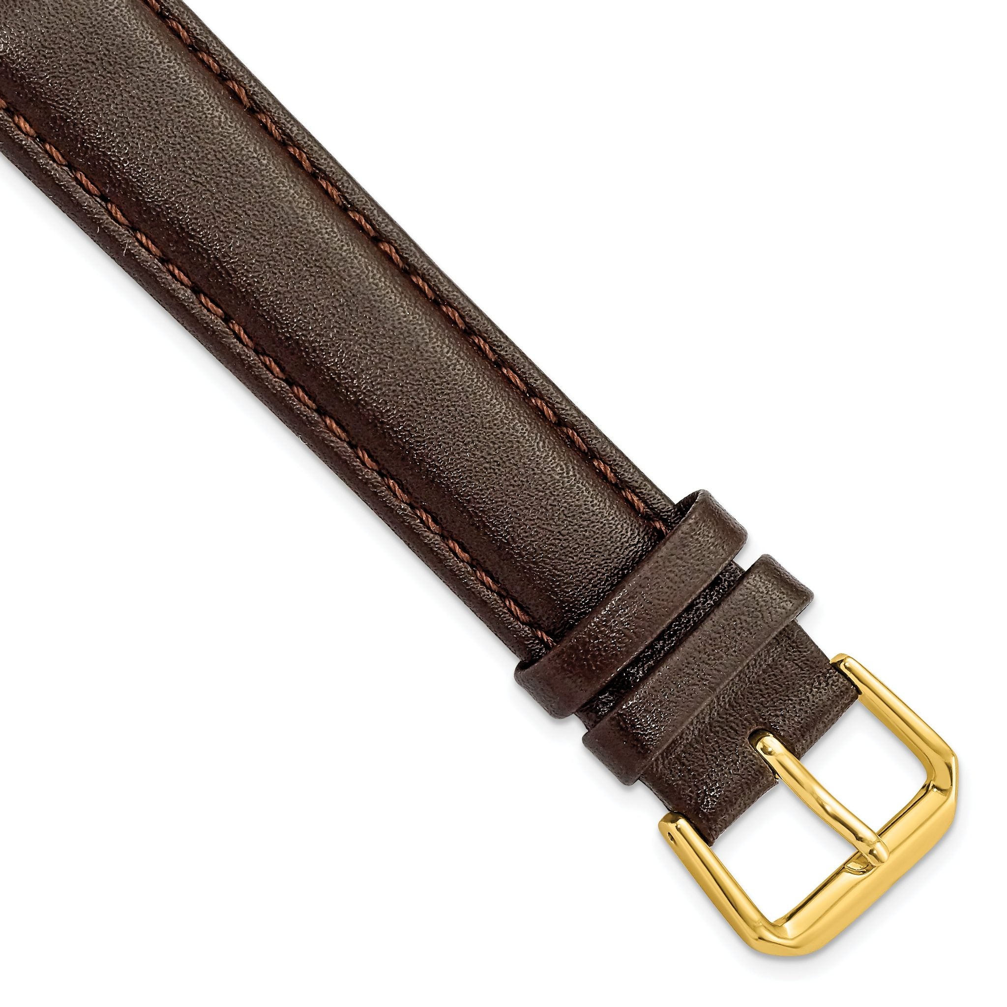Smooth Leather Watch Band in Dark Brown with Gold-Tone Buckle, 16mm