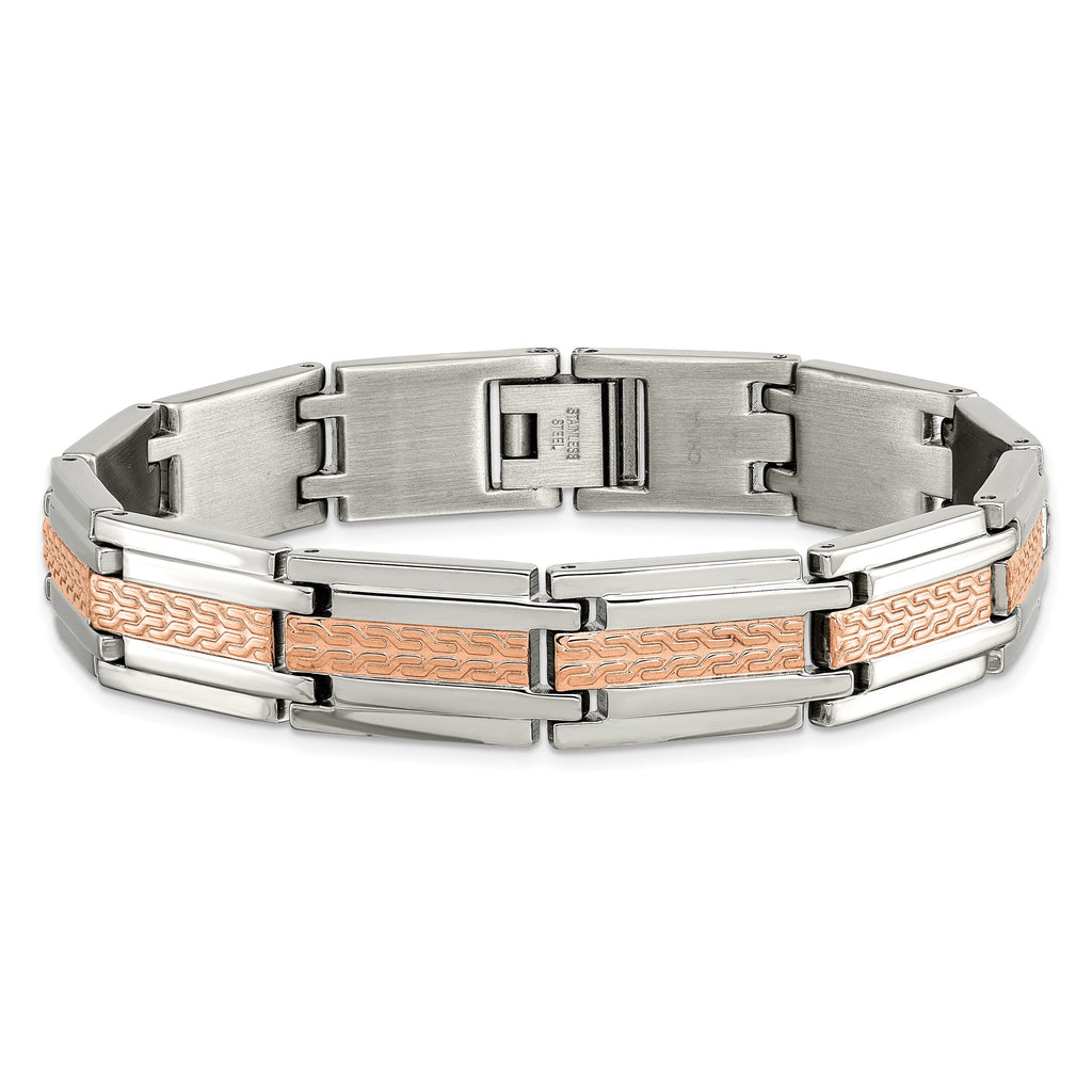 Stainless Steel Polished and Textured Rose IP-plated Link Bracelet for Men