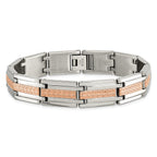 Stainless Steel Polished and Textured Rose IP-plated Link Bracelet for Men
