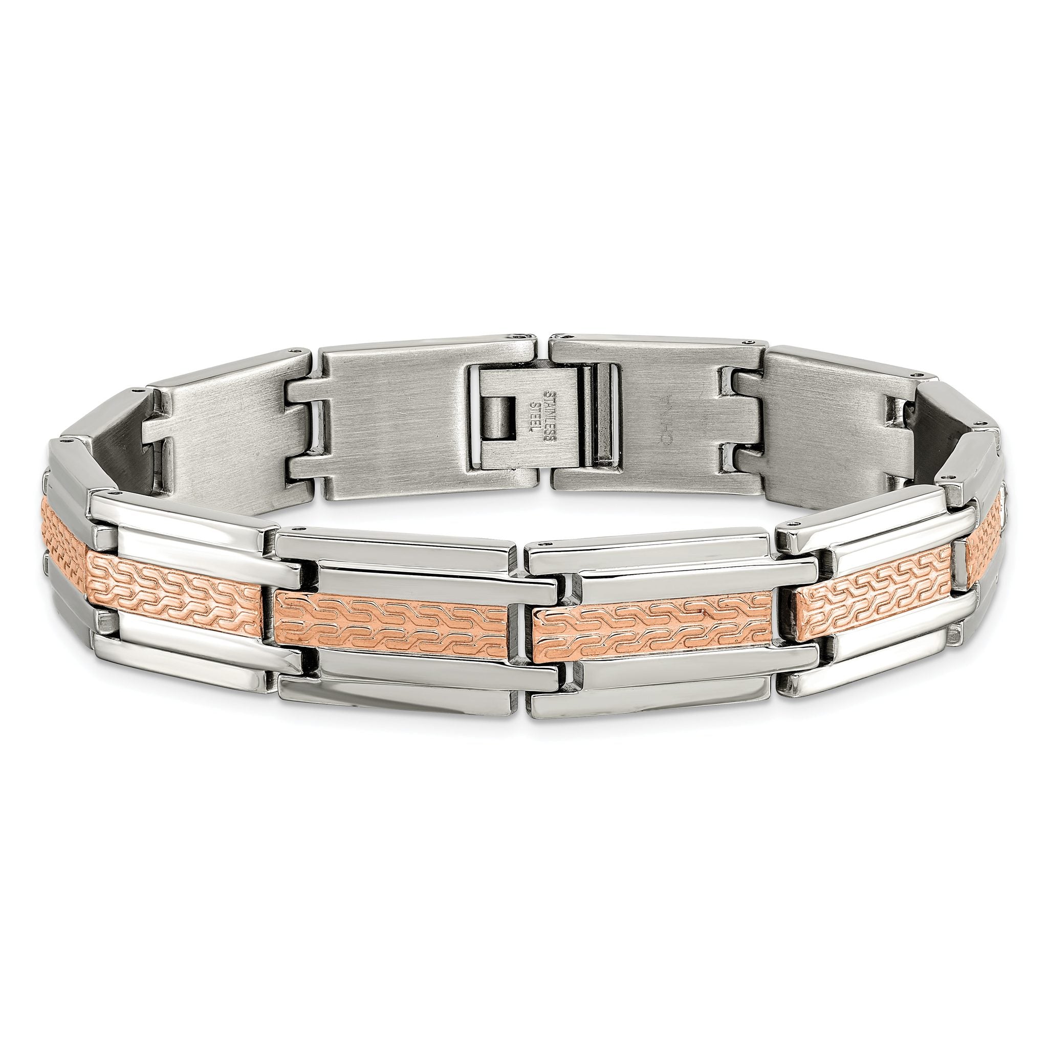 Stainless Steel Polished and Textured Rose IP-plated Link Bracelet for Men
