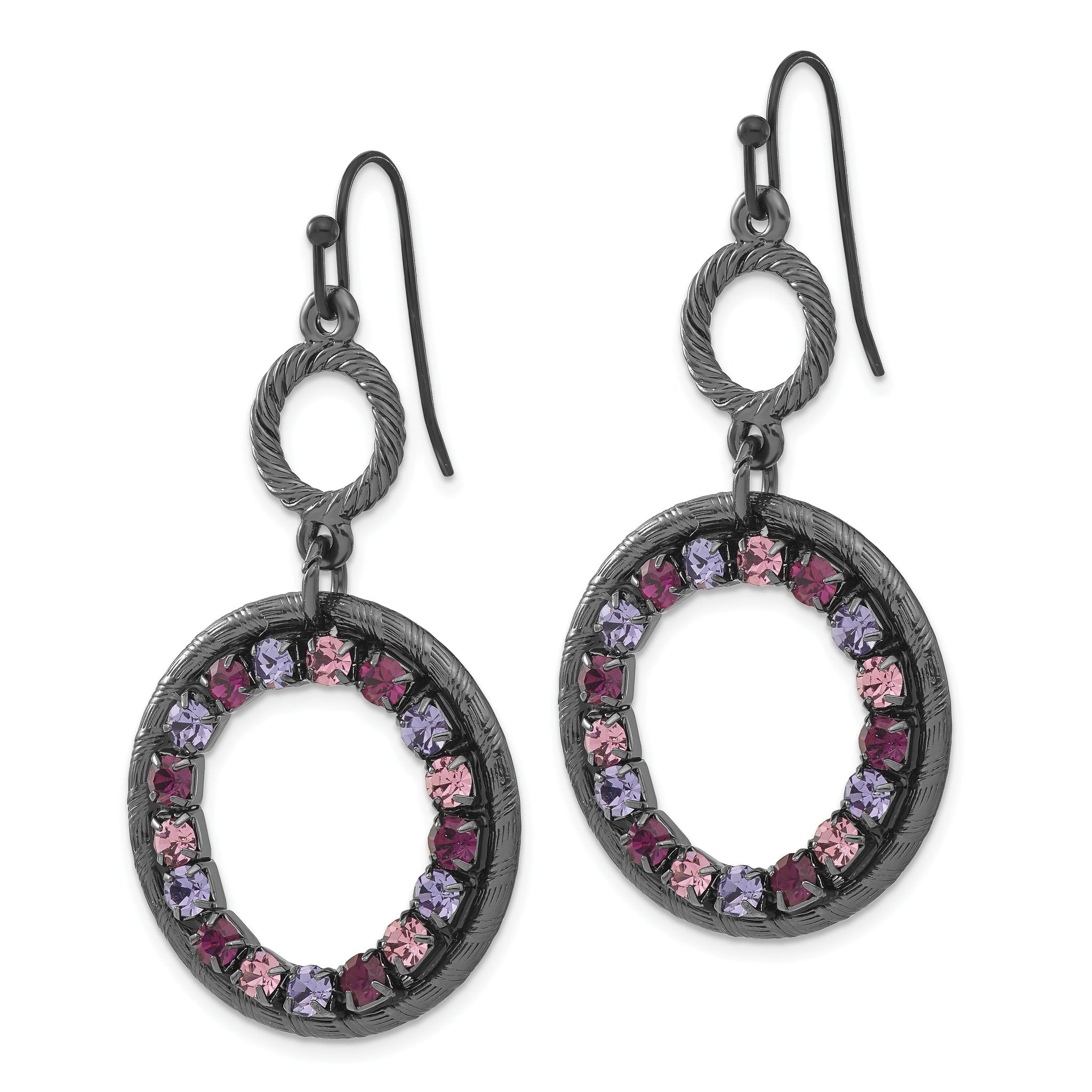 1928 Jewelry Black-plated Textured Frame Light and Dark Pink and Purple Crystal Double Circle Dangle Earrings Secondary image