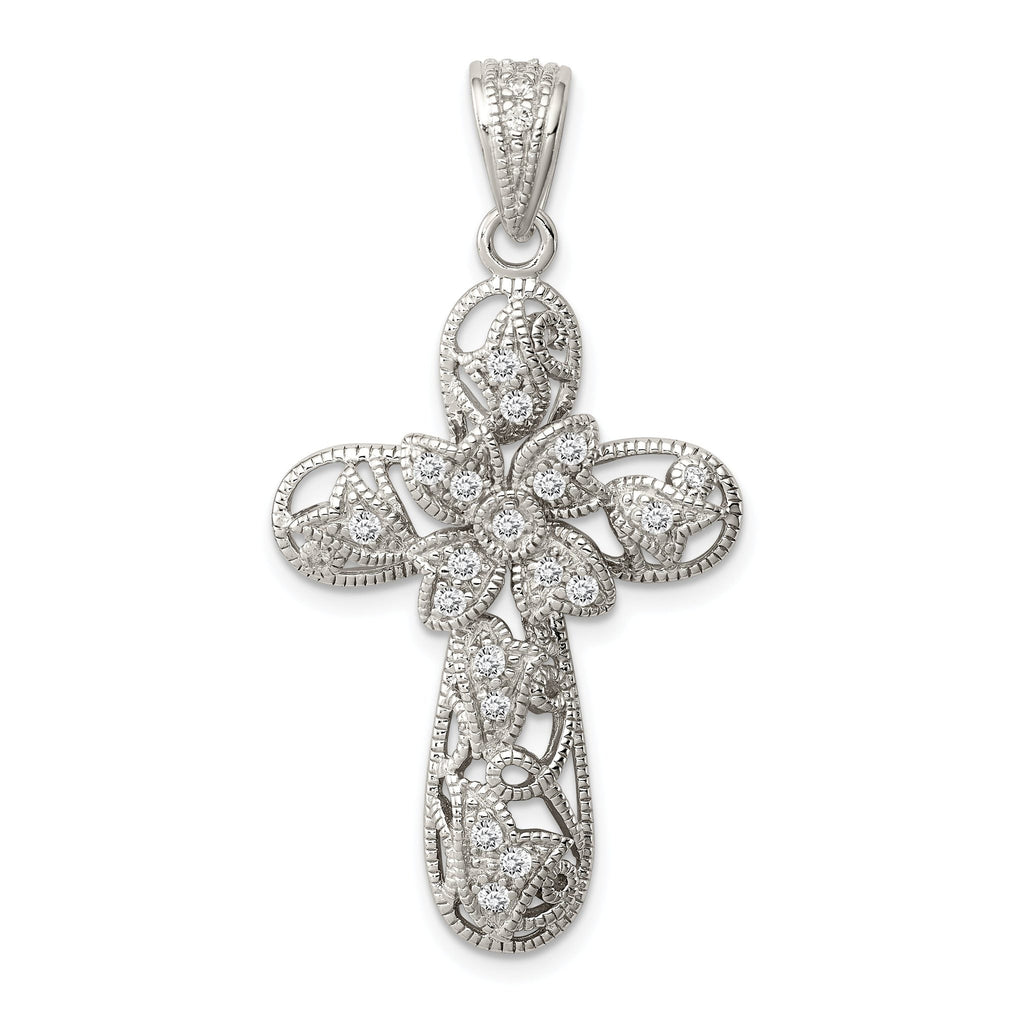 Sterling Silver 925 CZ Cross Pendant with Polished Rhodium Finish