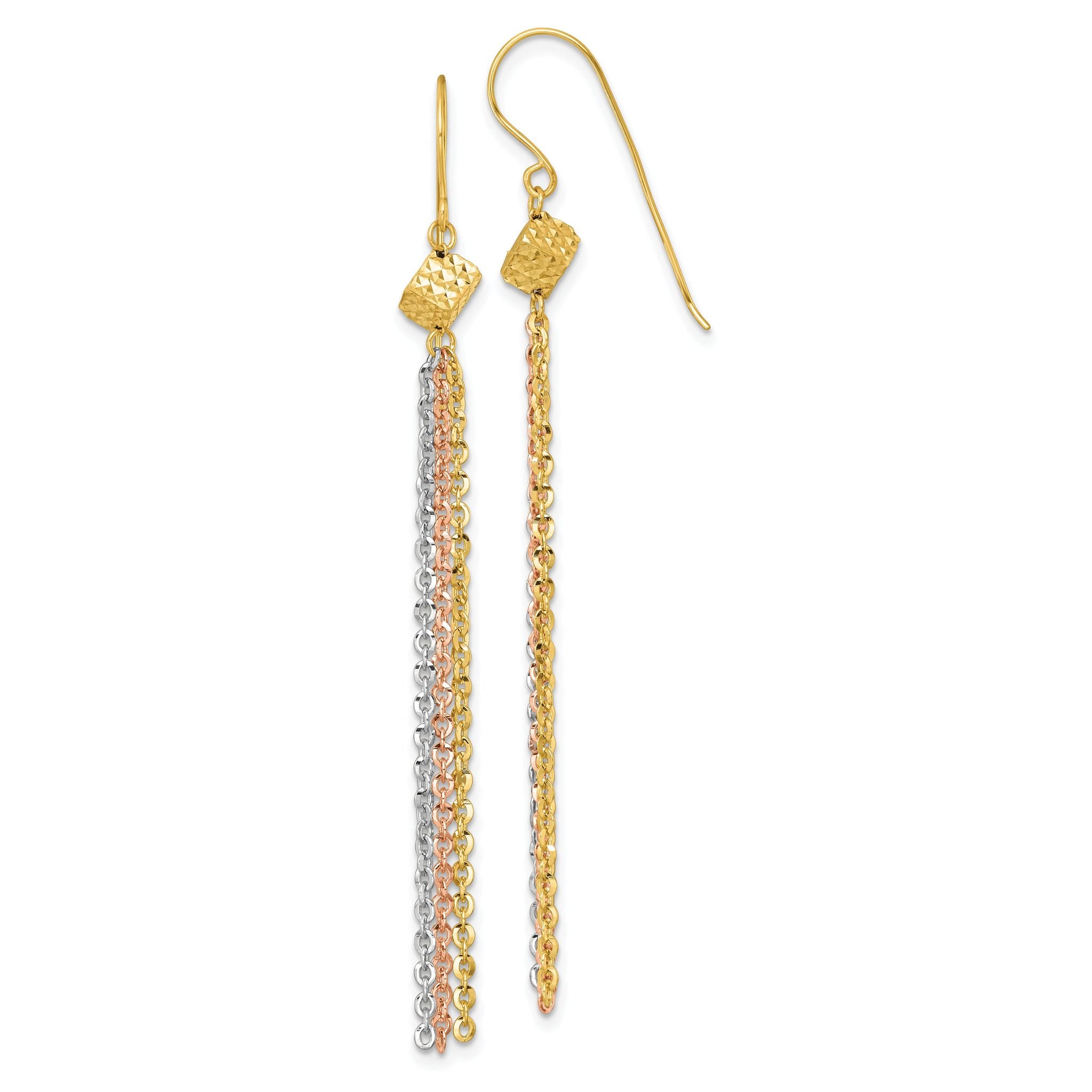 14k Tri-color Polished Fancy Chain Dangle Tassel Shepherd Hook Earrings