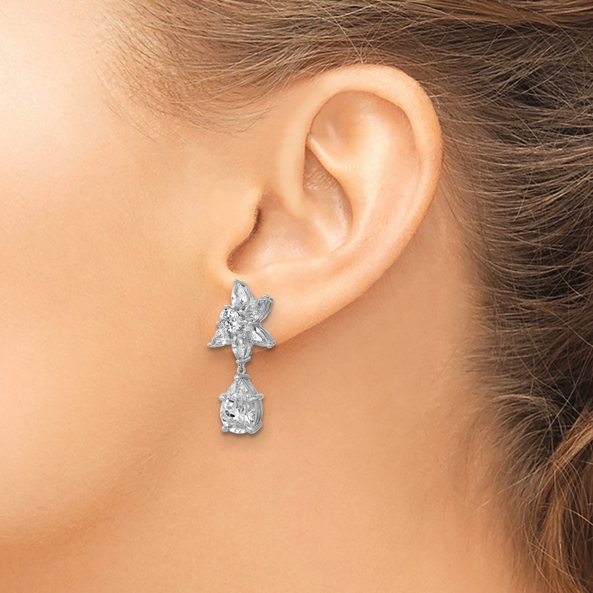 Cheryl M Sterling Silver Rhodium-plated Polished Fancy Multi-cut CZ Post Dangle Earrings