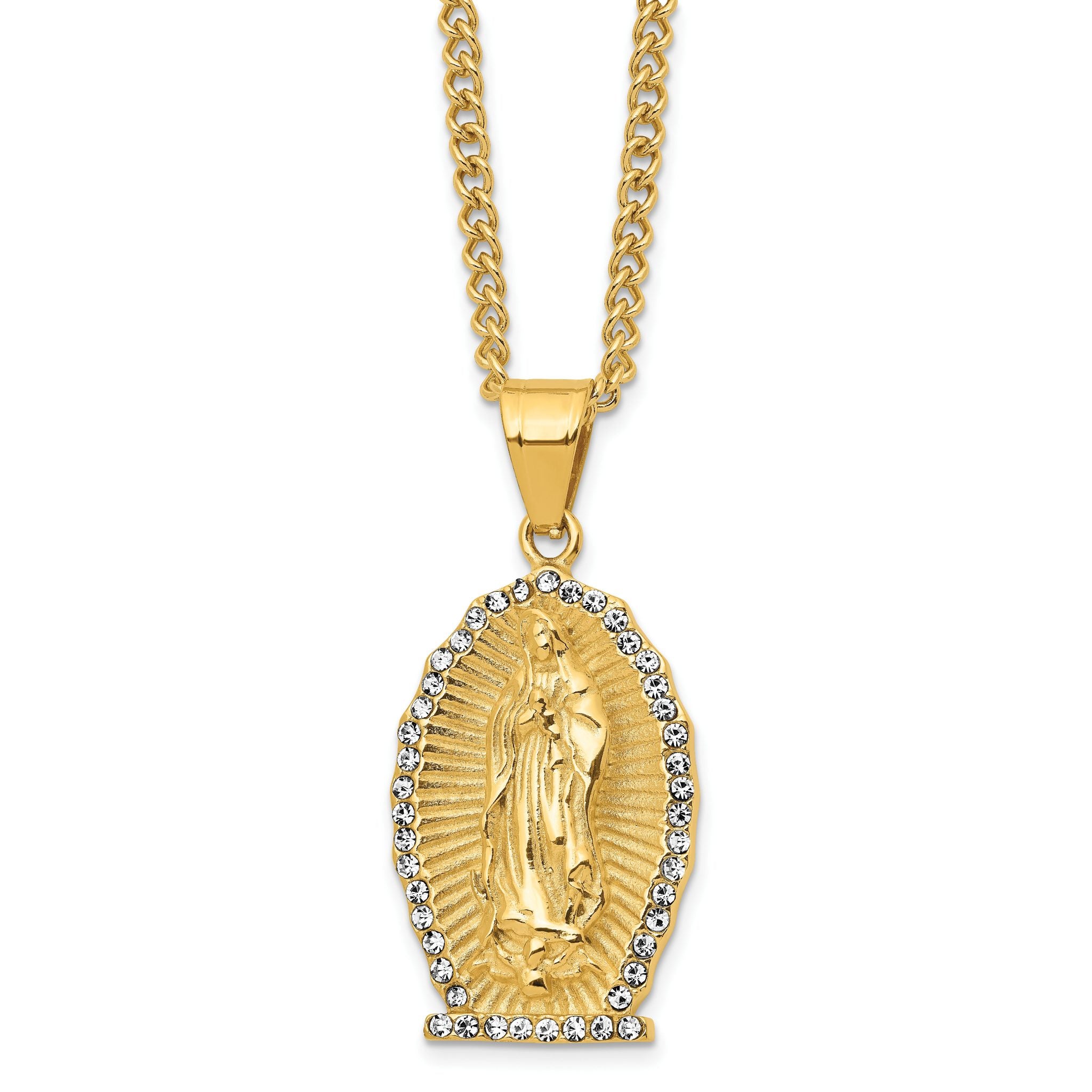 Chisel Stainless Steel Polished Yellow IP-plated with Crystal Our Lady of Guadalupe Pendant on a 24 inch Curb Chain Necklace Main image