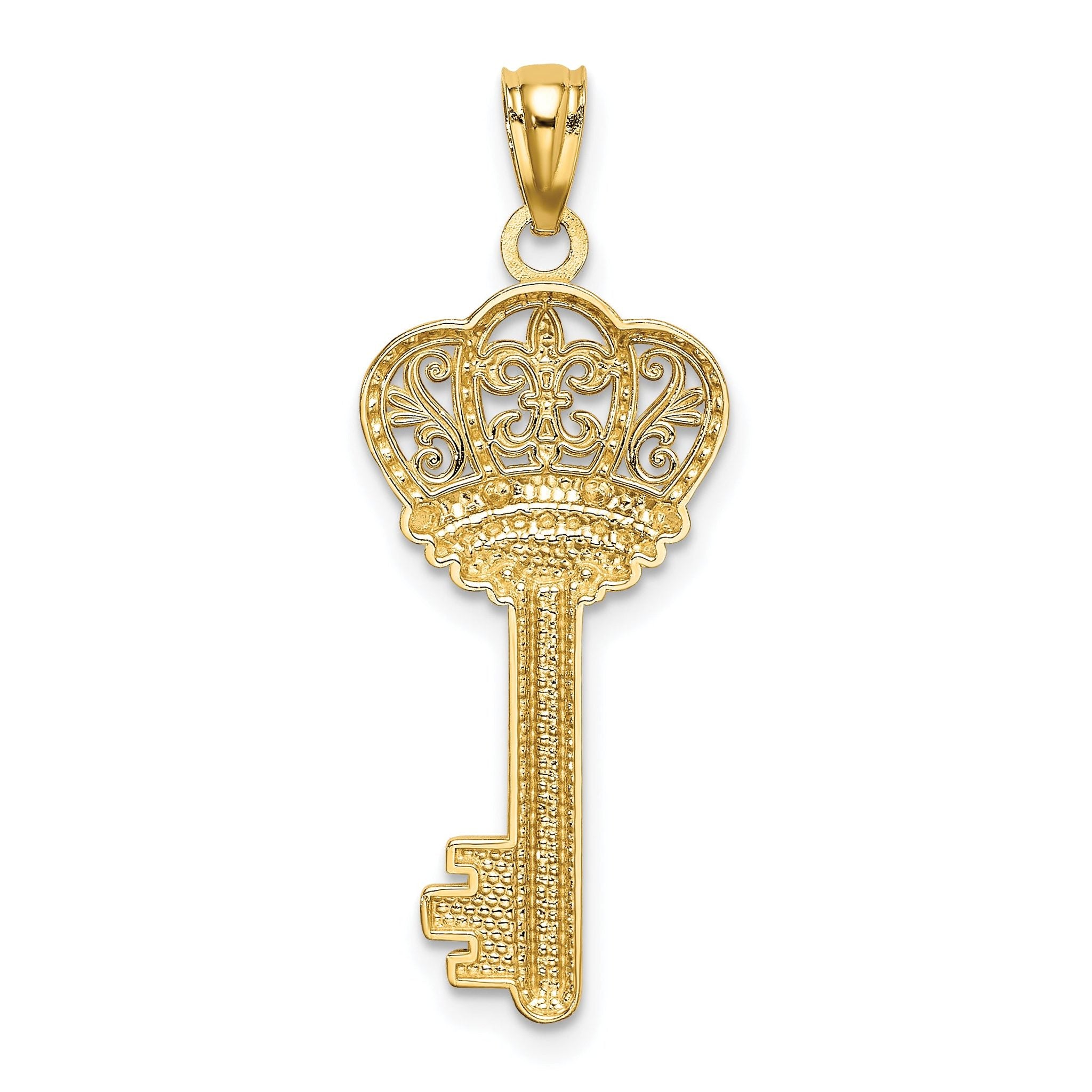 14K Gold Fleur De Lis Crown Key Charm with White Rhodium Finish  Polished & Elegant