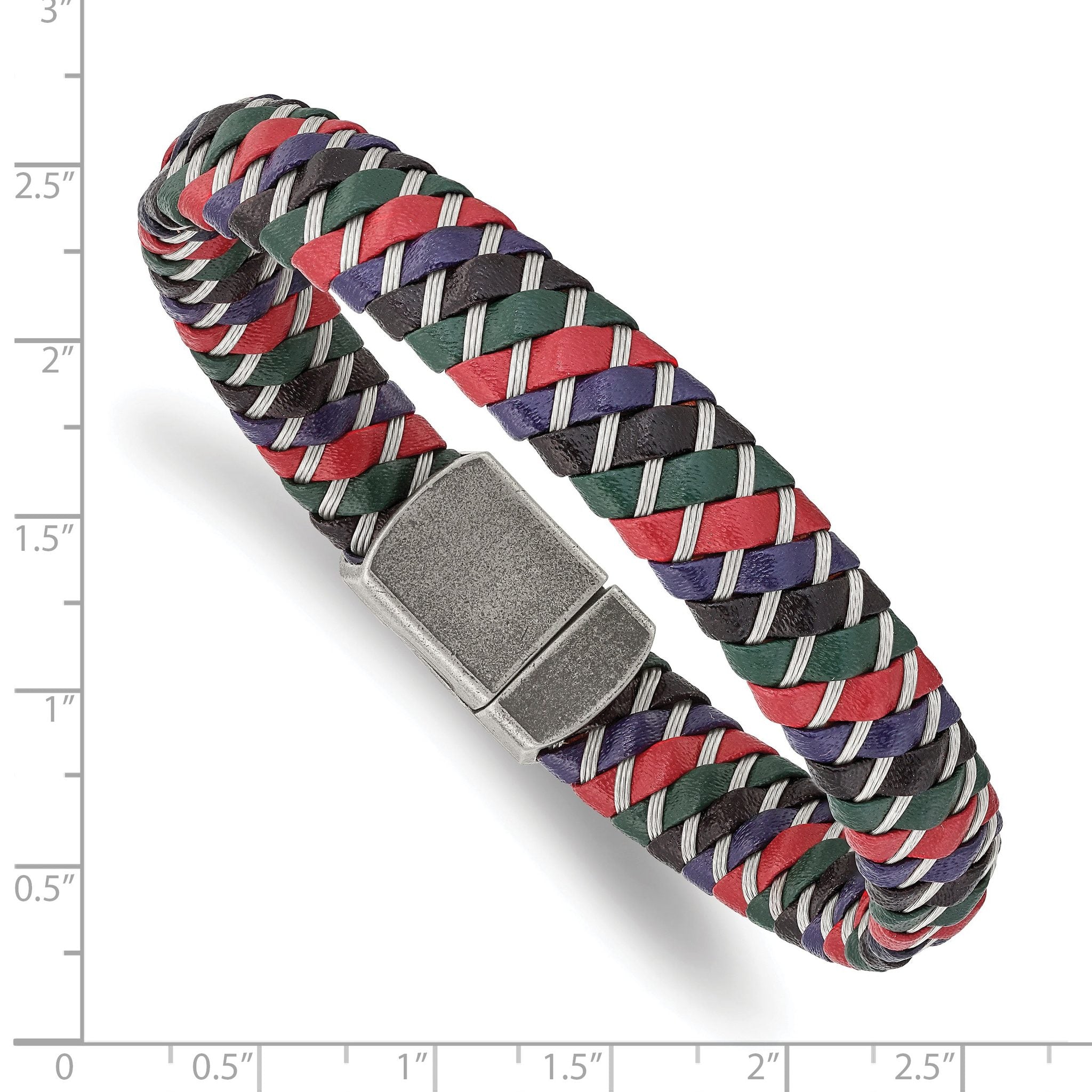 Stainless Steel Antiqued & Polished Multi-Color Leather with Wire Bracelet