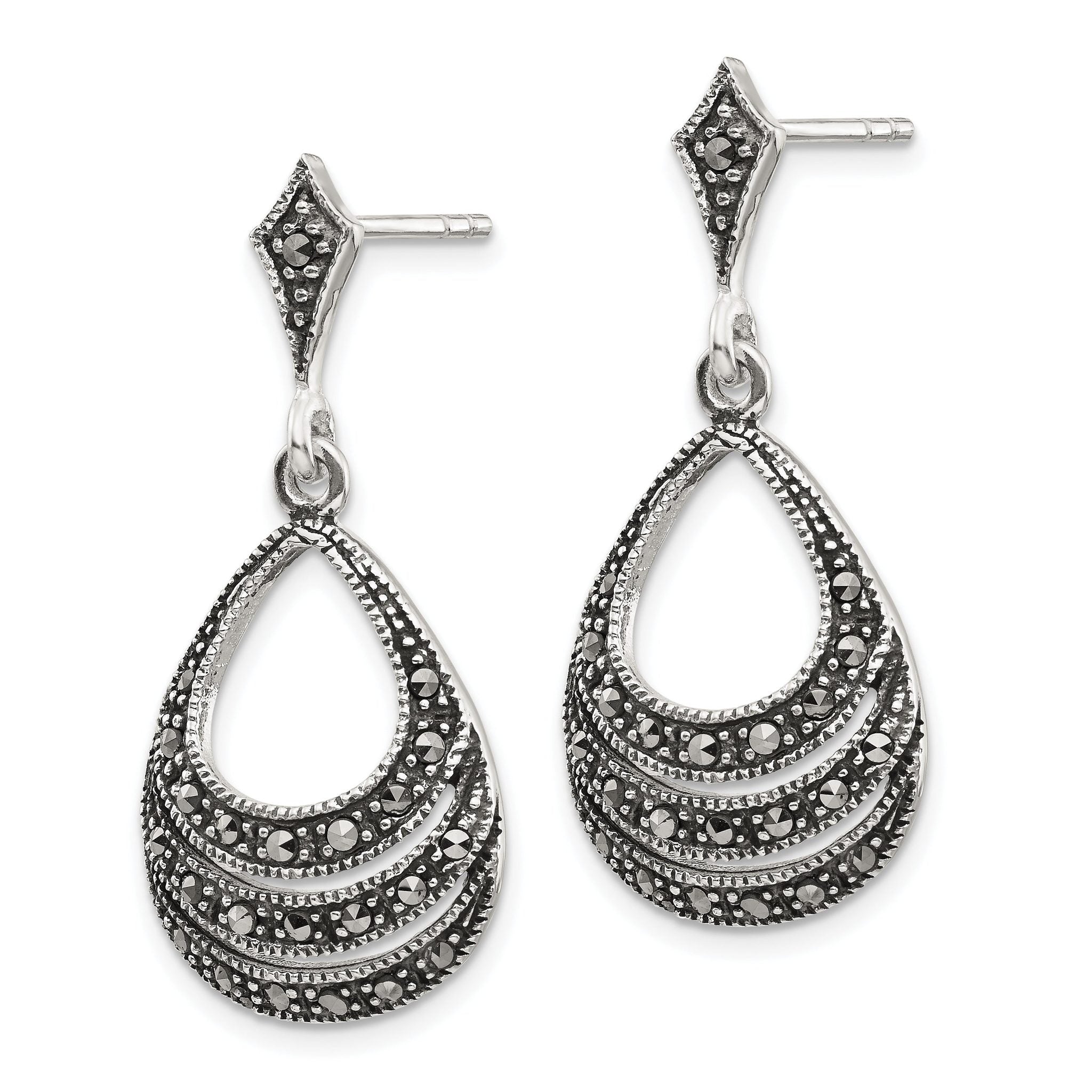 Sterling Silver RH-plated Textured Marcasite Teardrop Post Dangle Earrings Secondary image