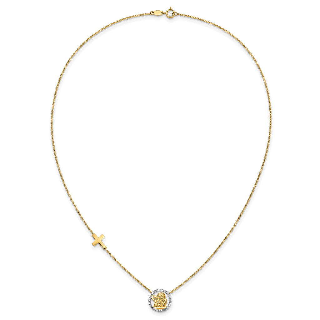 14K Gold Rhodium-Plated Angel & Cross Necklace with Diamond-Cut Elegance