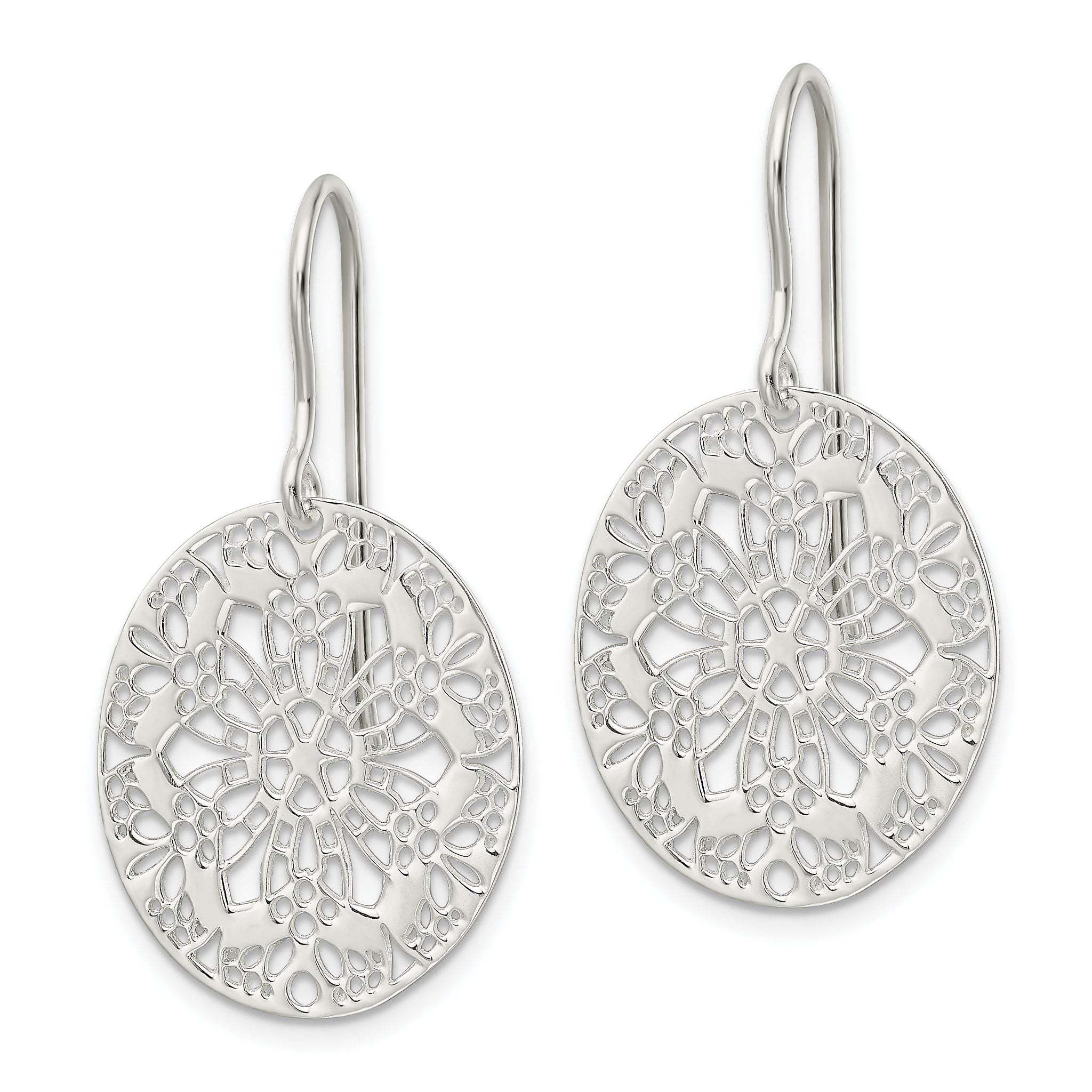 Sterling Silver Polished Floral Oval Dangle Earrings Secondary image