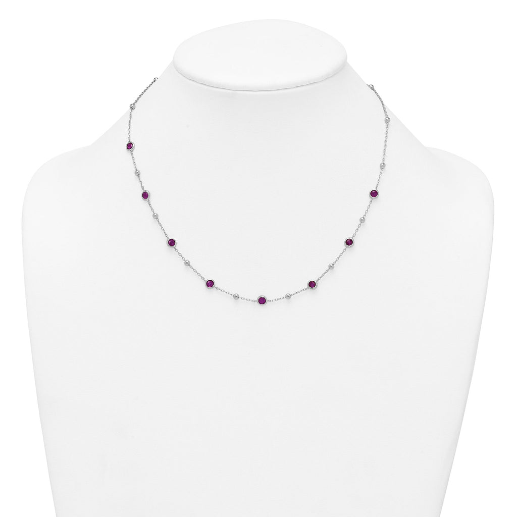 Sterling Silver Rhodium-plated Polished and Beaded Bezel-set Round Red CZ 16 Inch with 2 Inch Extension Necklace