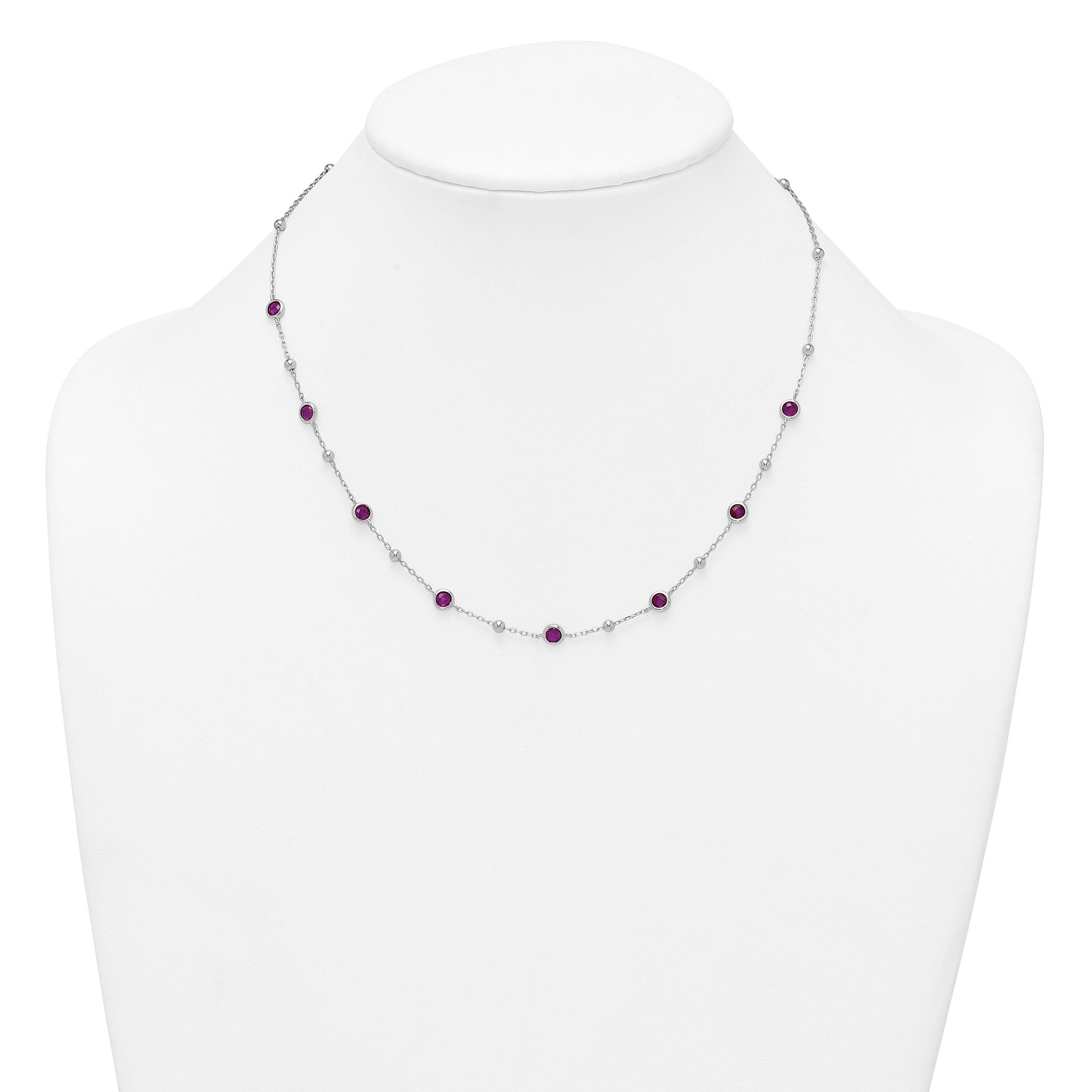 Sterling Silver Rhodium-plated Polished and Beaded Bezel-set Round Red CZ 16 Inch with 2 Inch Extension Necklace