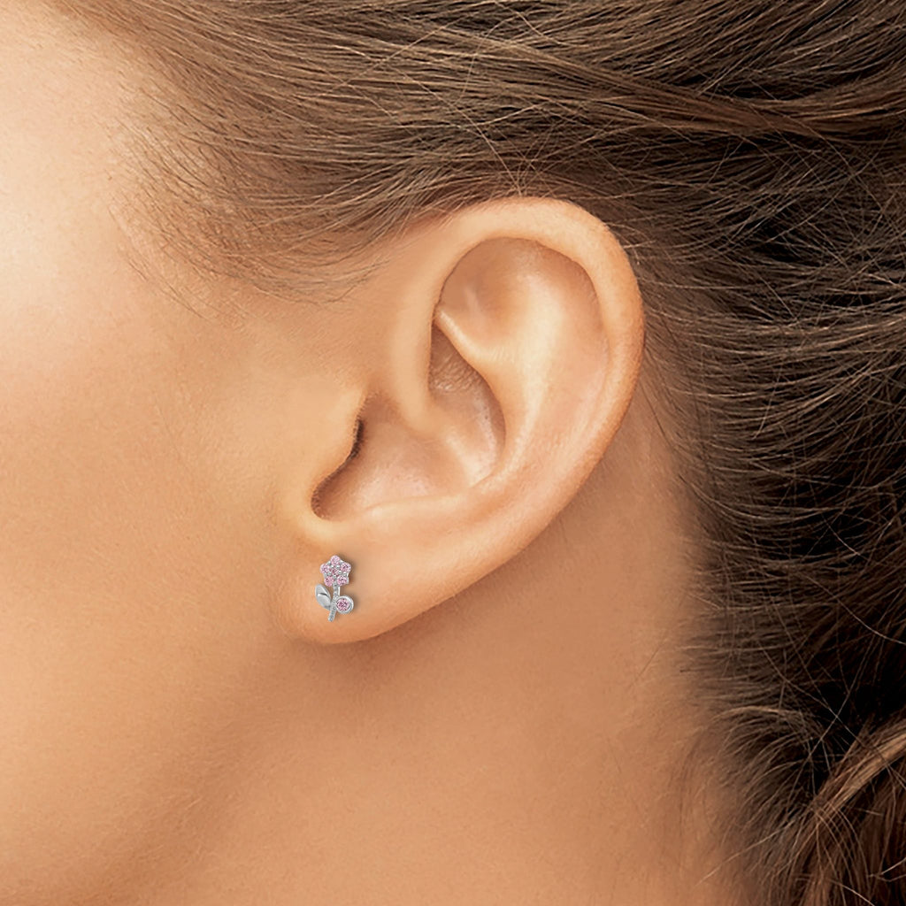 Sterling Silver Rhodium-plated Polished Pink CZ Flower Post Earrings