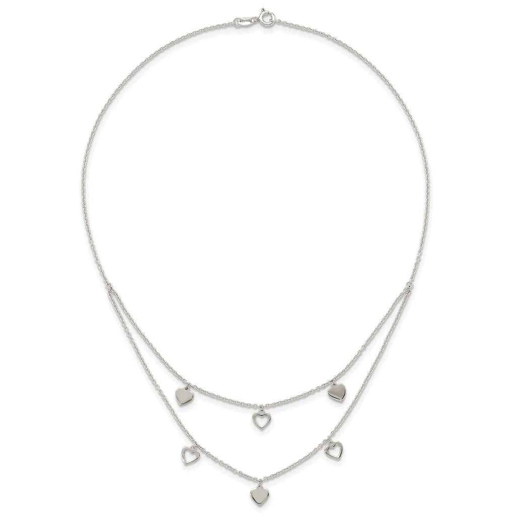 Sterling Silver Polished Double Strand Heart Station 15.75 inch Necklace