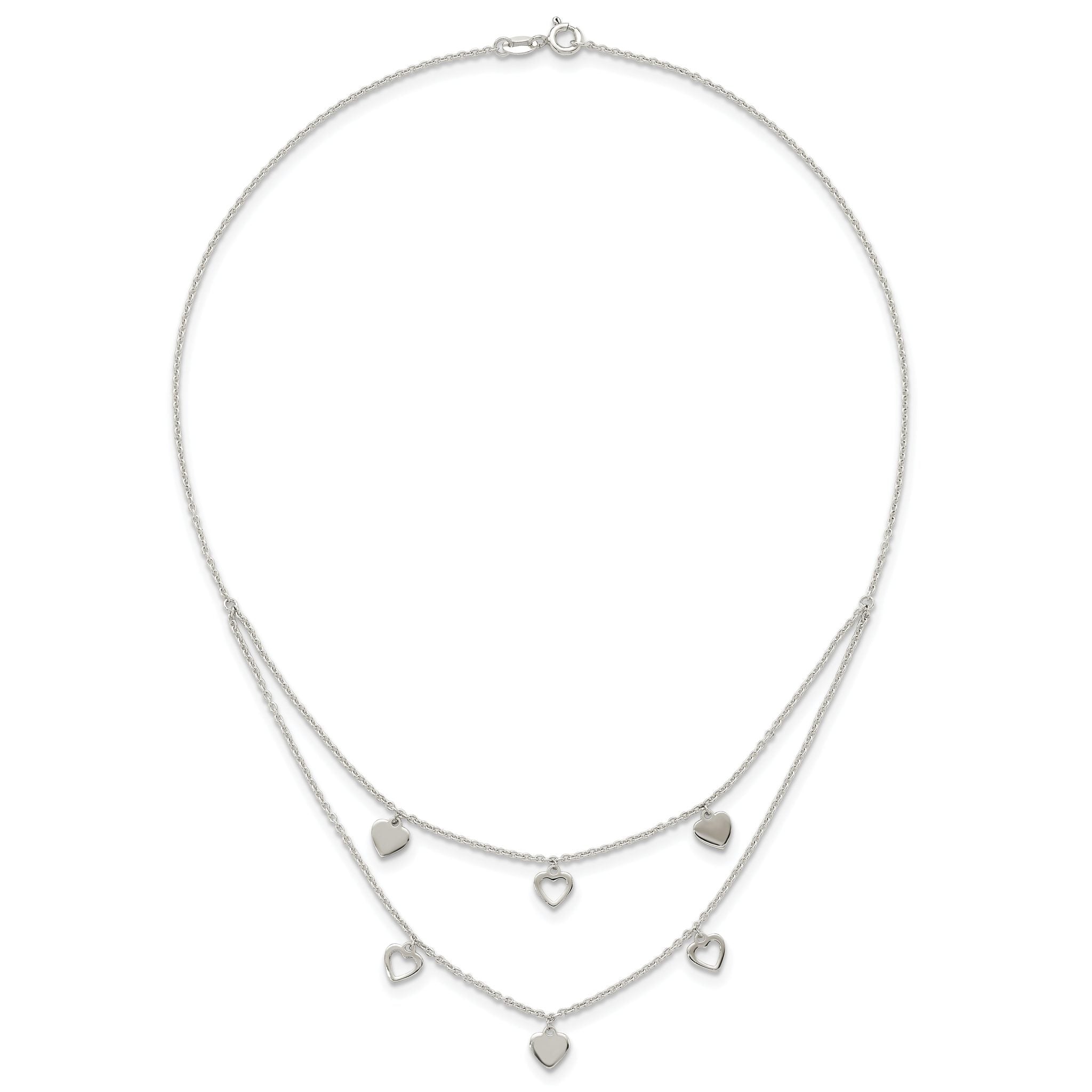 Sterling Silver Polished Double Strand Heart Station 15.75 inch Necklace