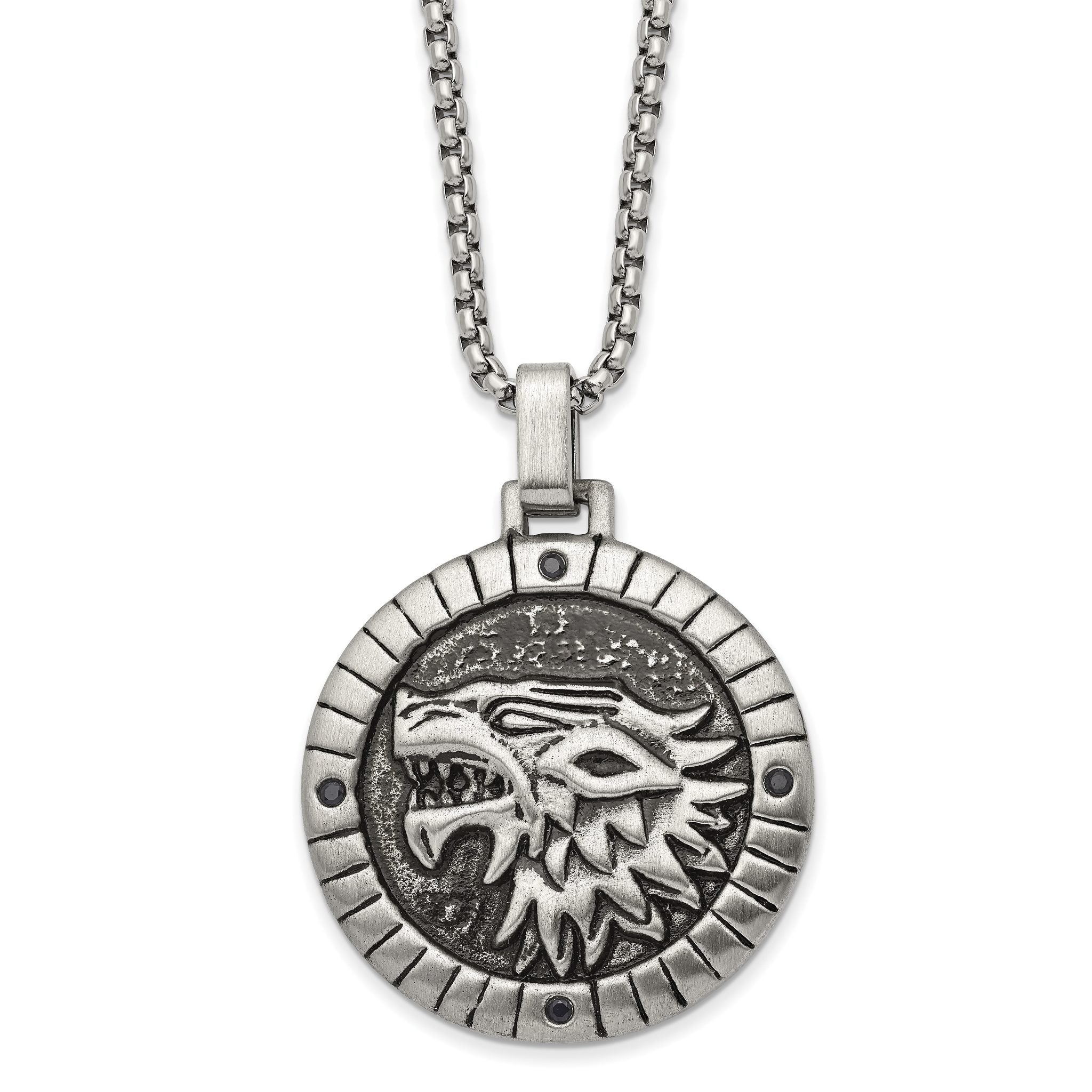 Chisel Stainless Steel Antiqued with Black CZ Chimera Pendant on a 24 inch Box Chain Necklace Main image