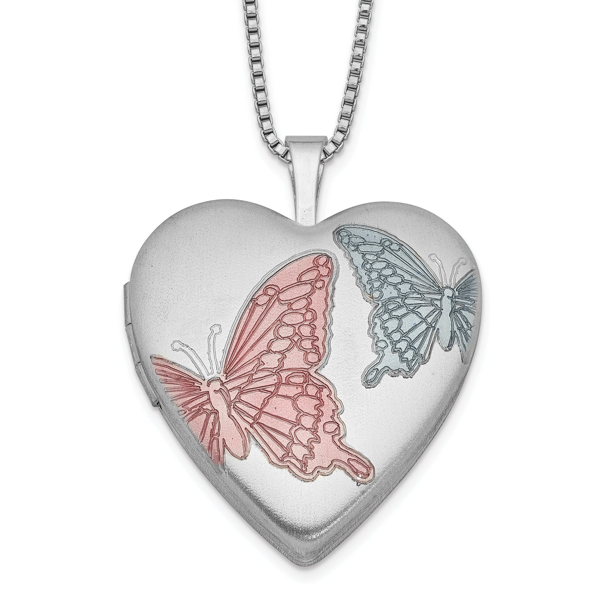 Sterling Silver RH-plated 20mm Enamel Butterflies Heart Locket Necklace Main image
