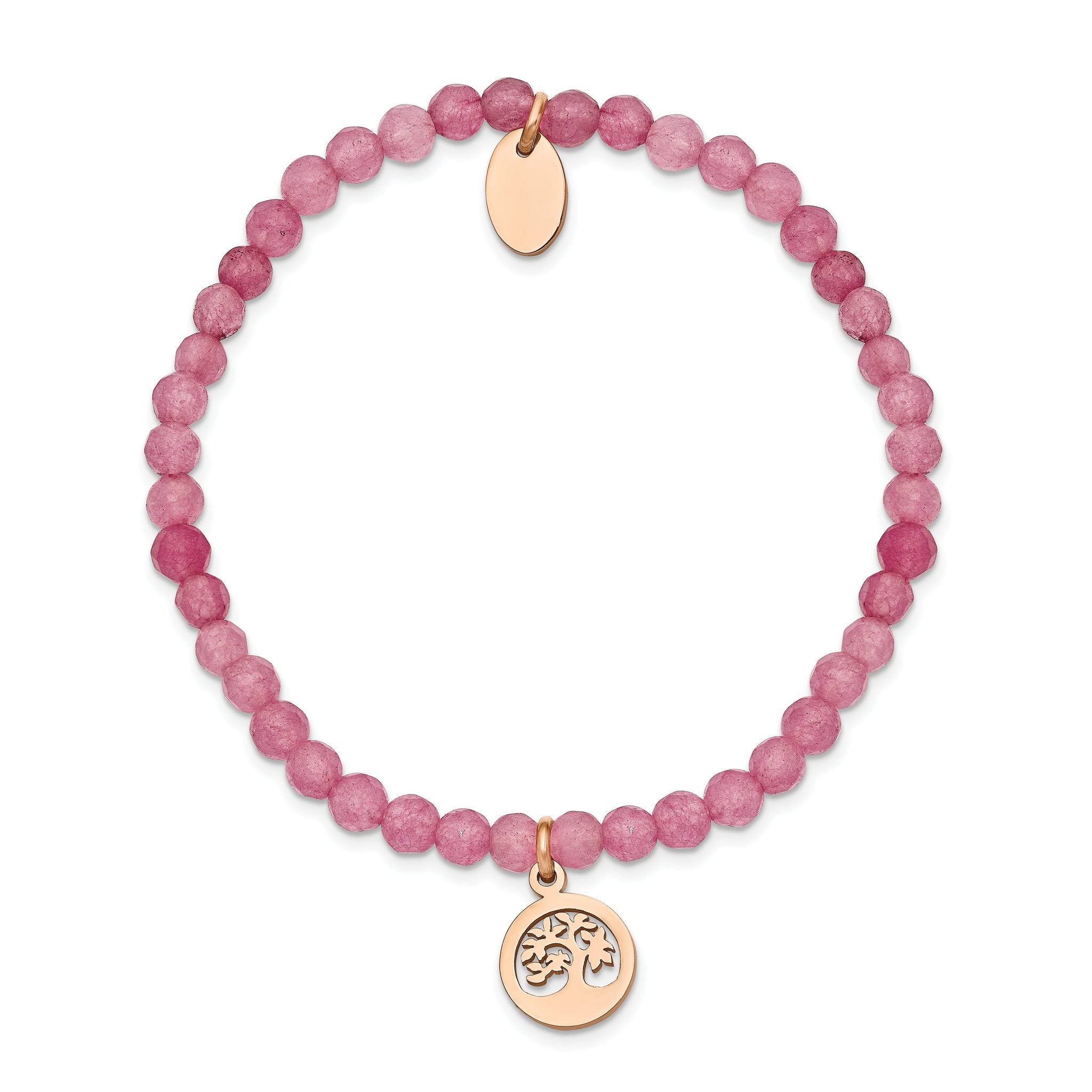 Stainless Steel Polished Rose IP-plated Tree 4mm Pink Jade Beaded Stretch Bracelet for Women Secondary image