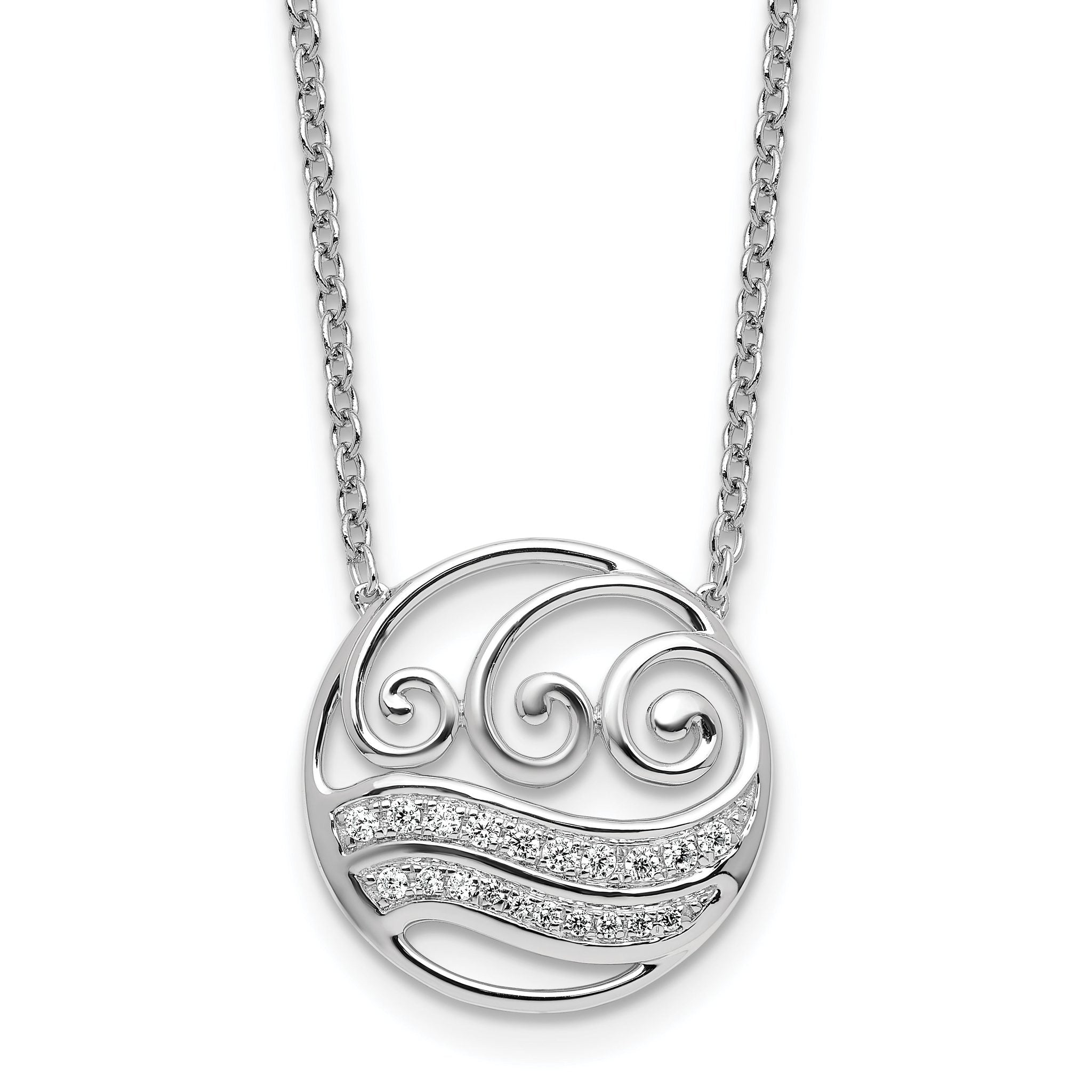 14K White Gold Polished 1/6 carat Diamond Circle with Waves 18 inch Necklace Main image