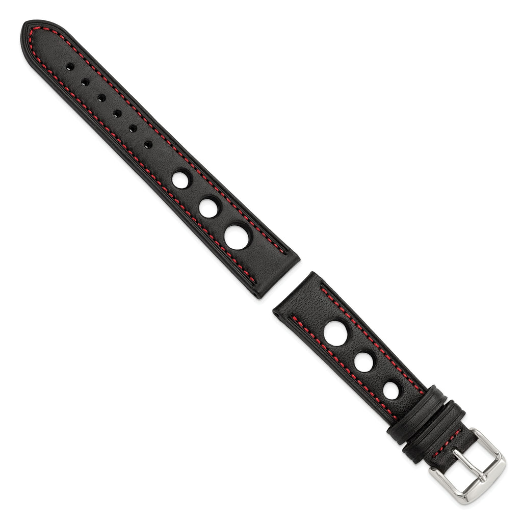 Grand Prix Leather Watch Band in Black with Red Stitching, 20mm