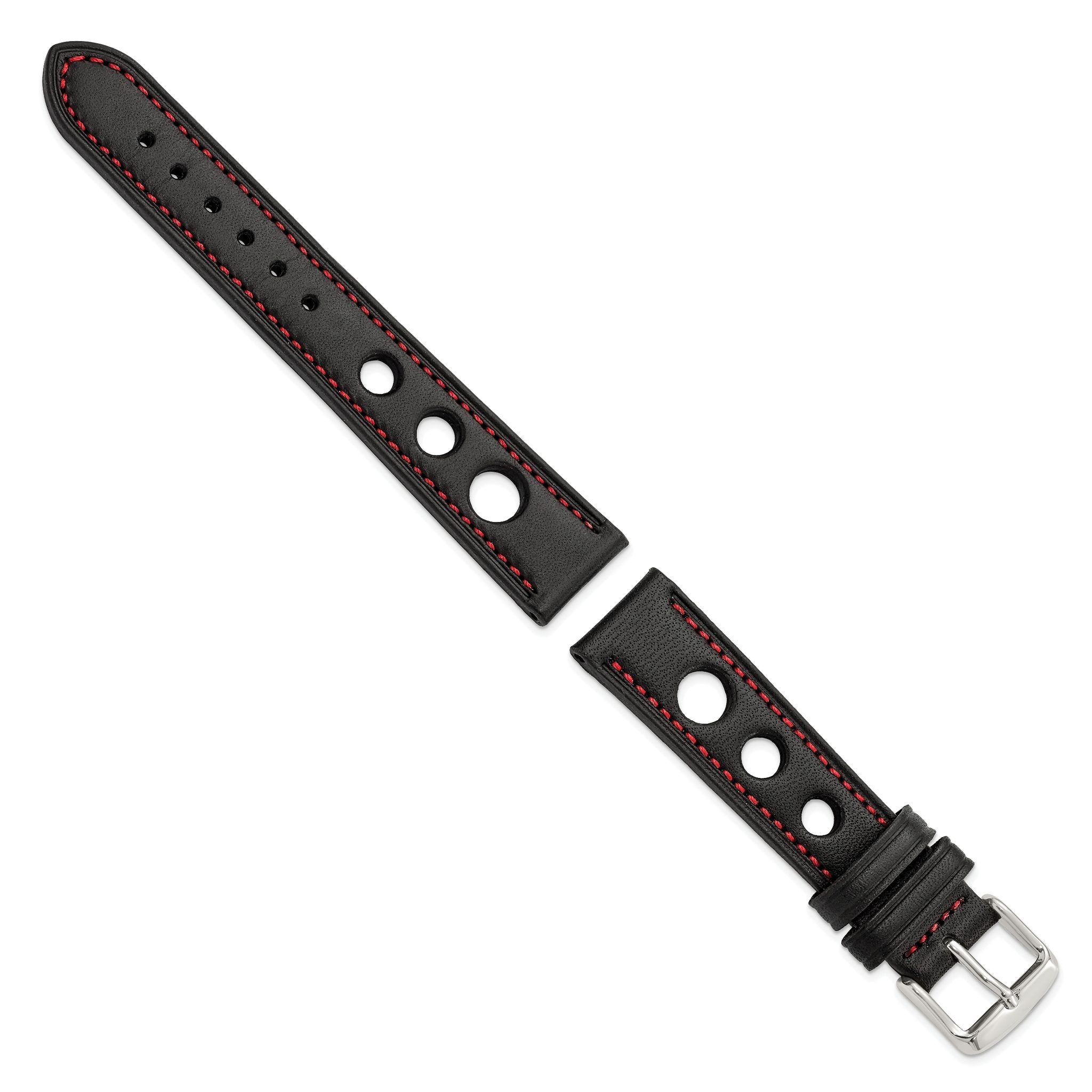 Grand Prix Leather Watch Band in Black with Red Stitching, 20mm