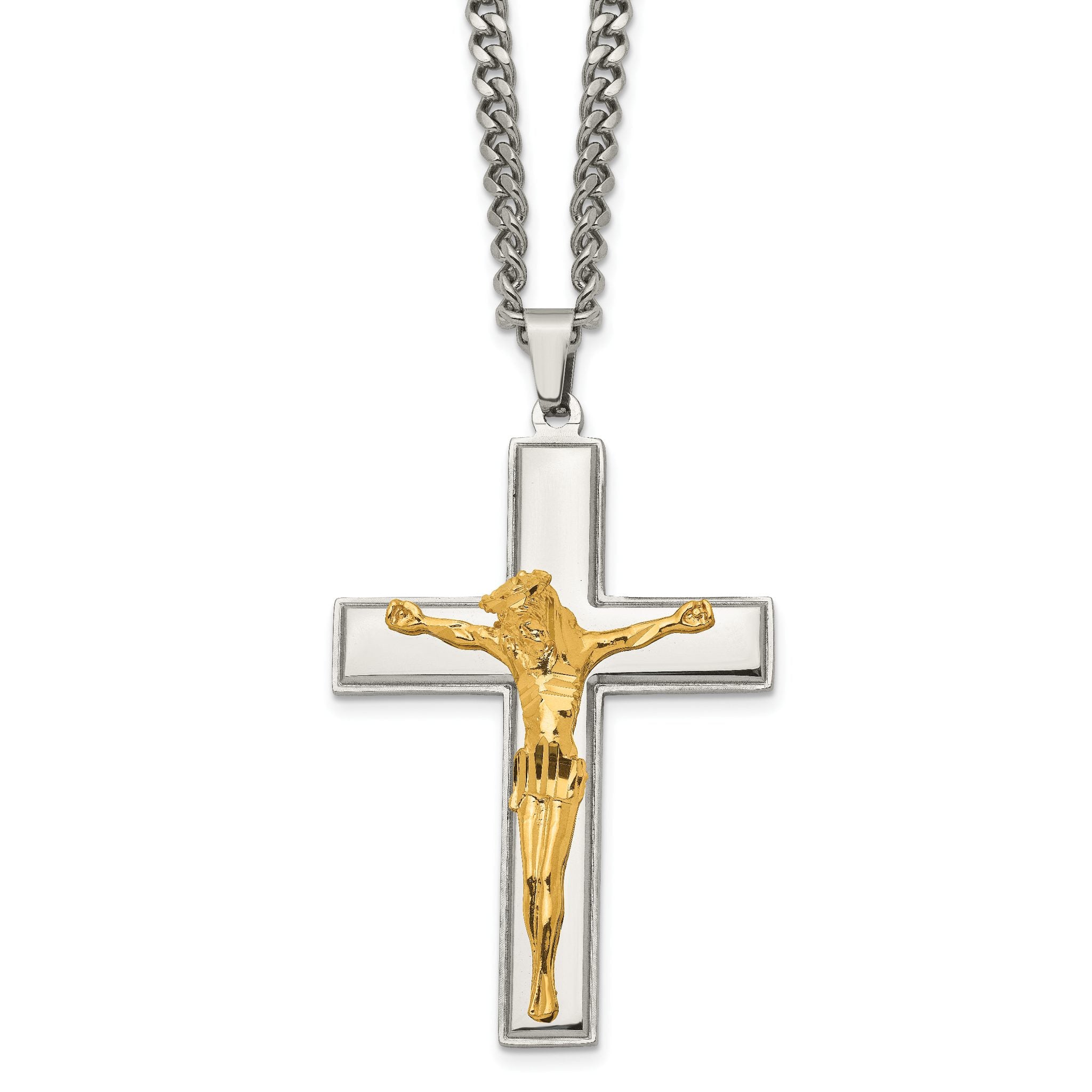 Chisel Stainless Steel Polished Yellow IP-plated Crucifix Pendant on a 24 inch Curb Chain Necklace Main image