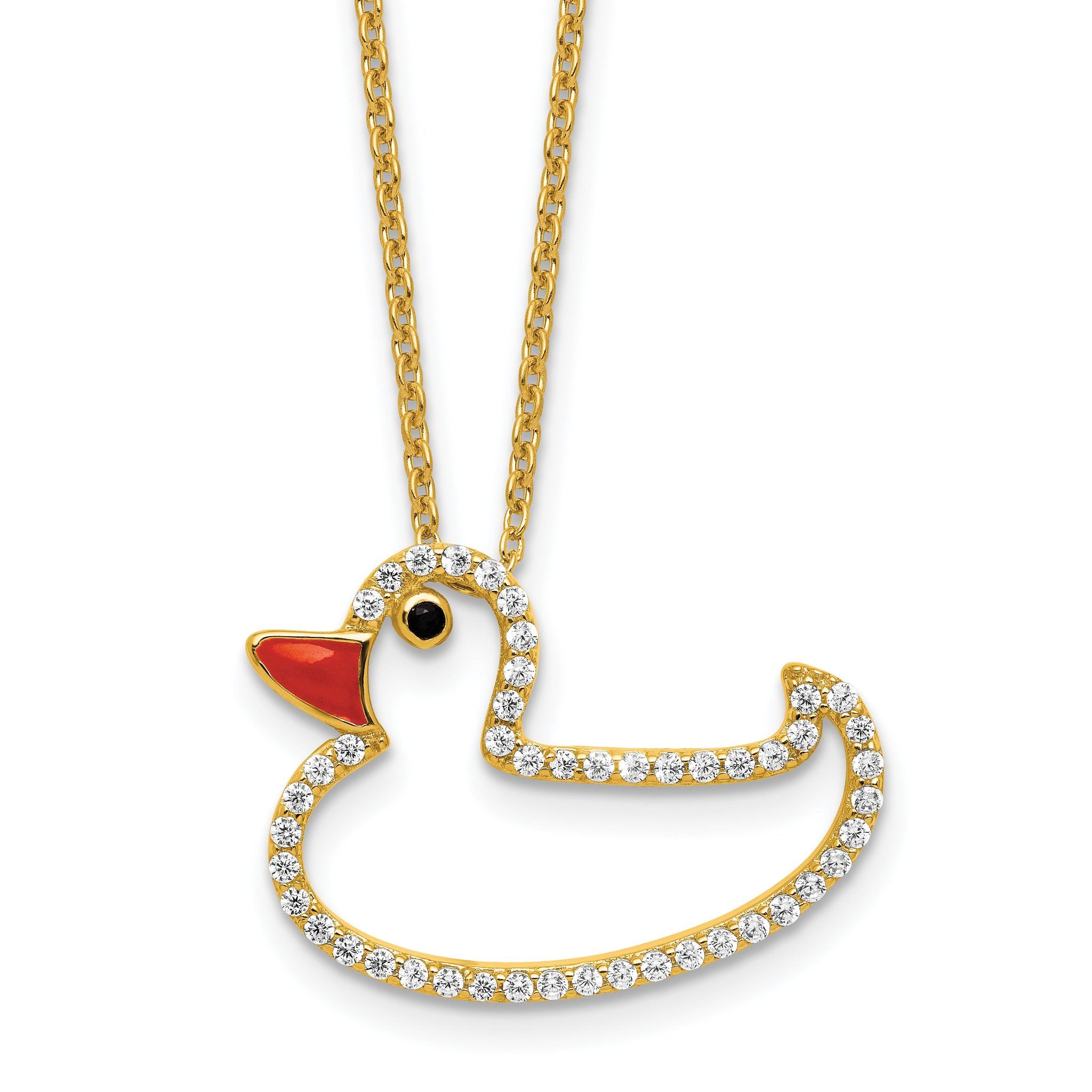 Cheryl M Sterling Silver Gold-plated Polished Black and White CZ Enameled Duck 16 Inch with 2 Inch Extension Necklace
