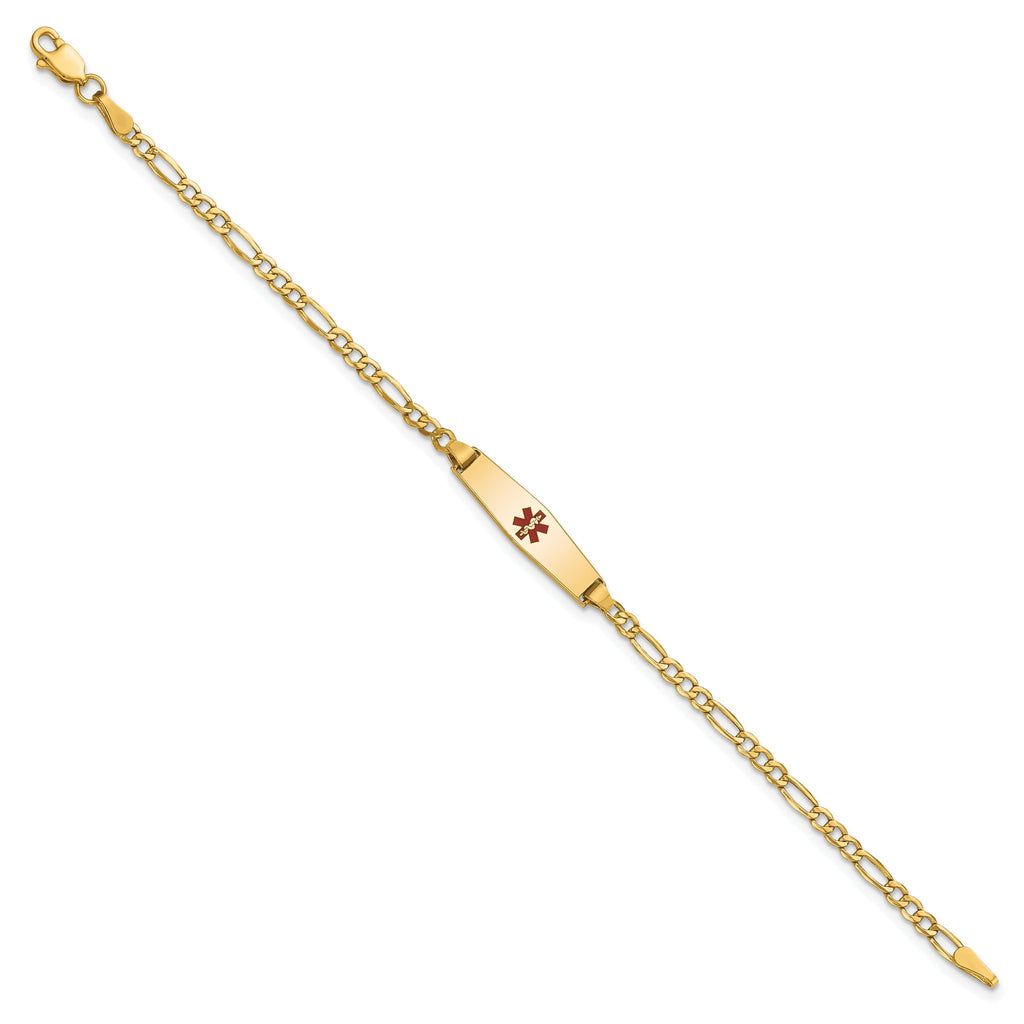 14k Medical Semi-Solid Chain/Solid Plate 20x5mm Soft Diamond Shape Centered Red Enamel Figaro Link 7 inch ID Bracelet